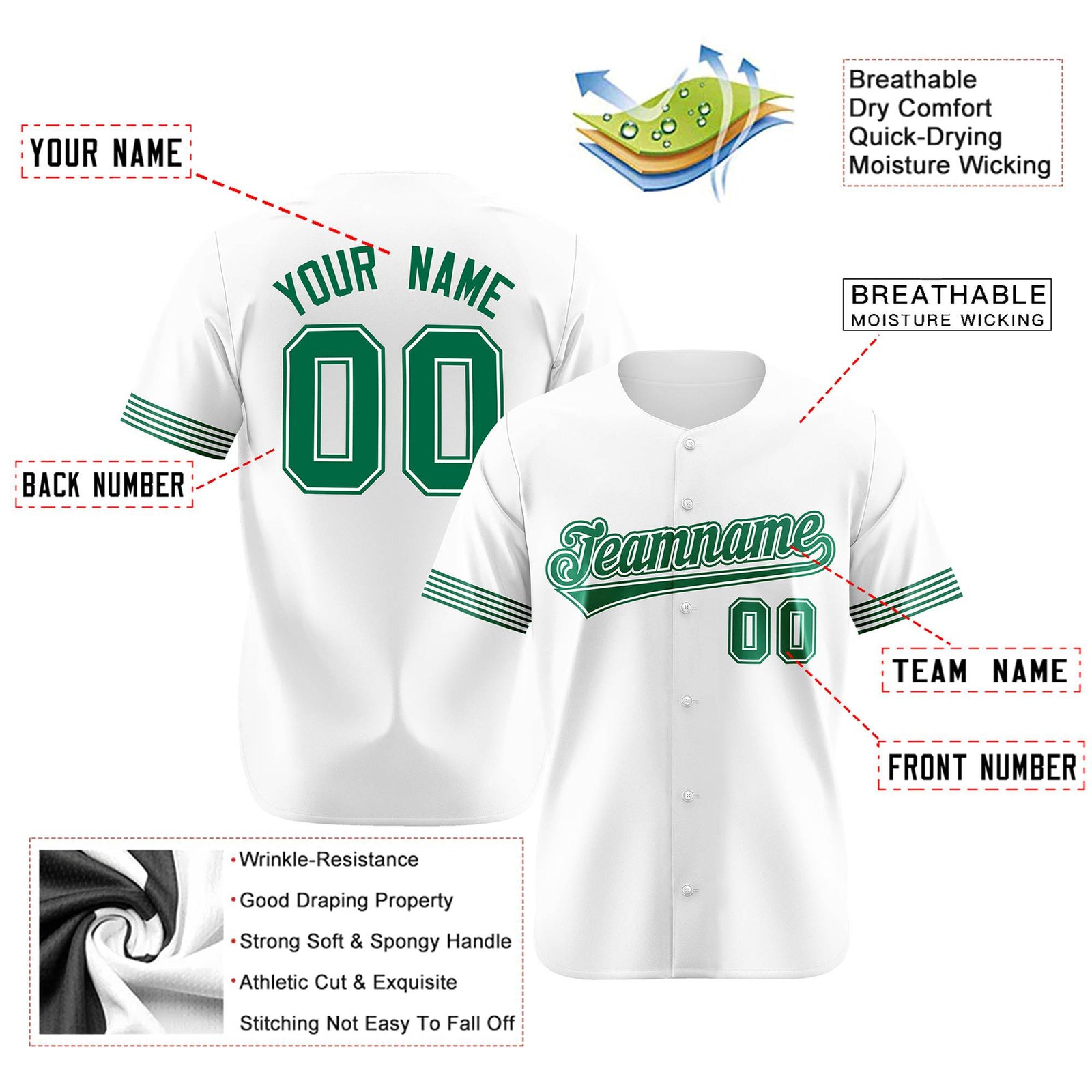Custom White Kelly Green Classic Style Authentic Baseball Jersey