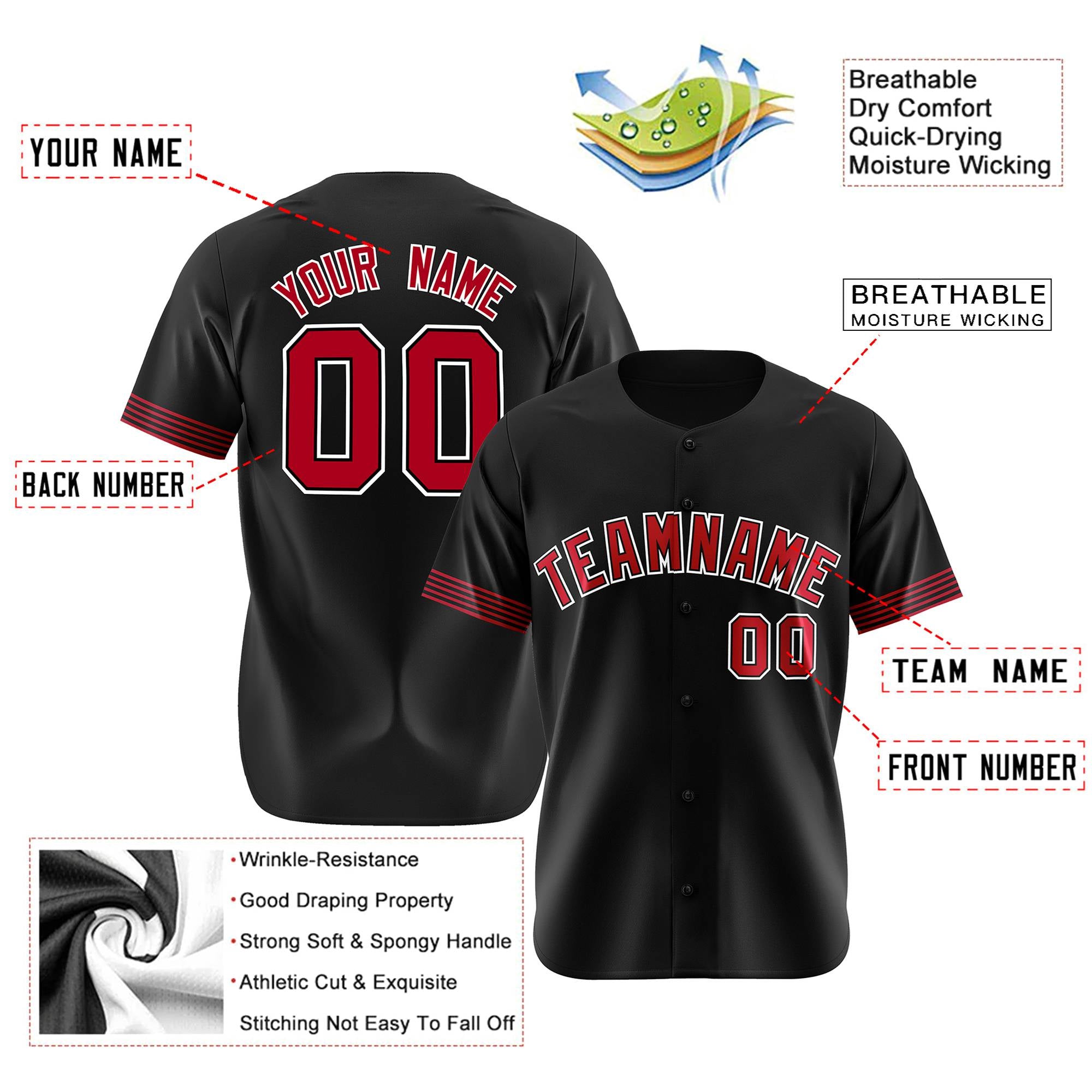 Custom Black Red-White Classic Style Authentic Baseball Jersey