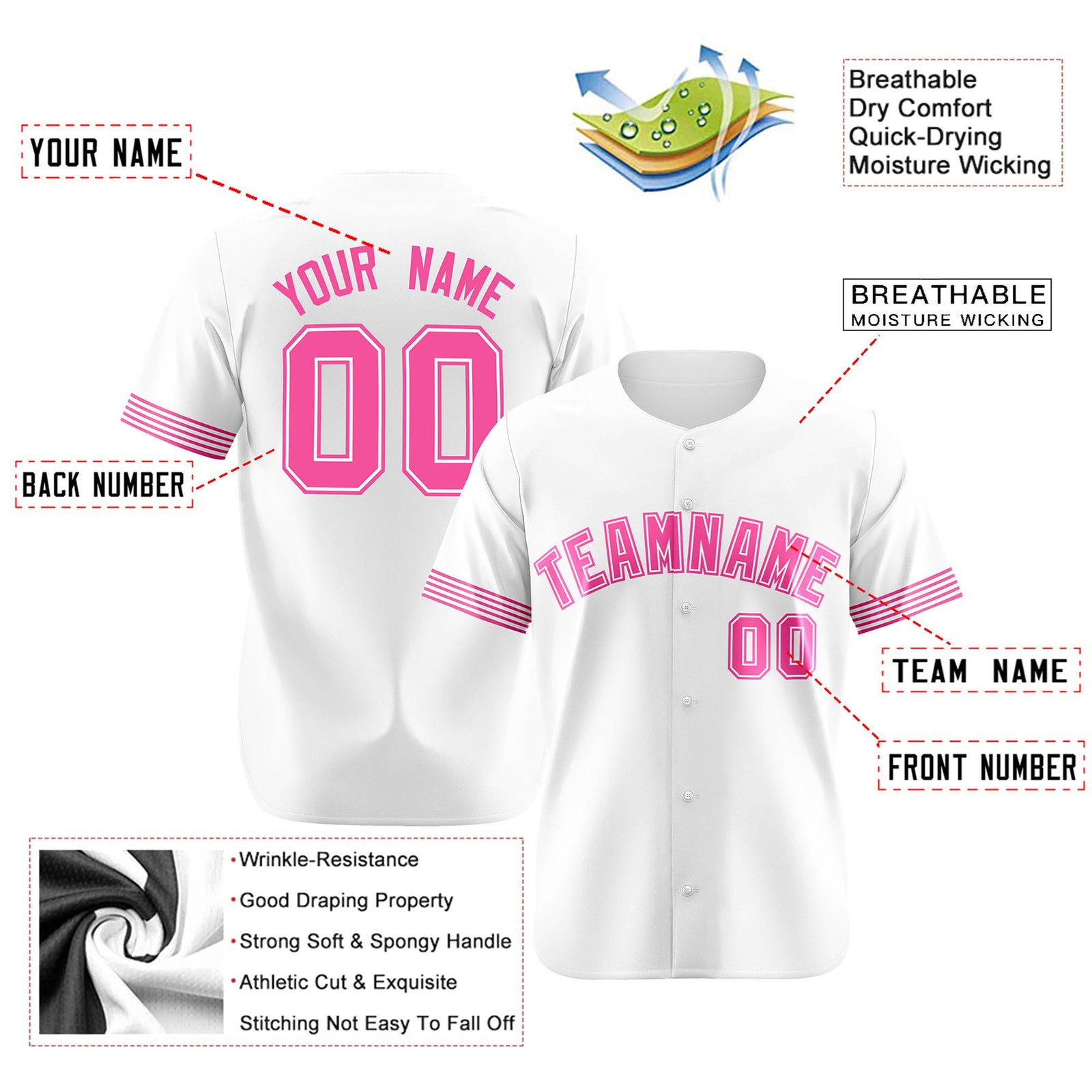 Custom White Pink Classic Style Authentic Baseball Jersey