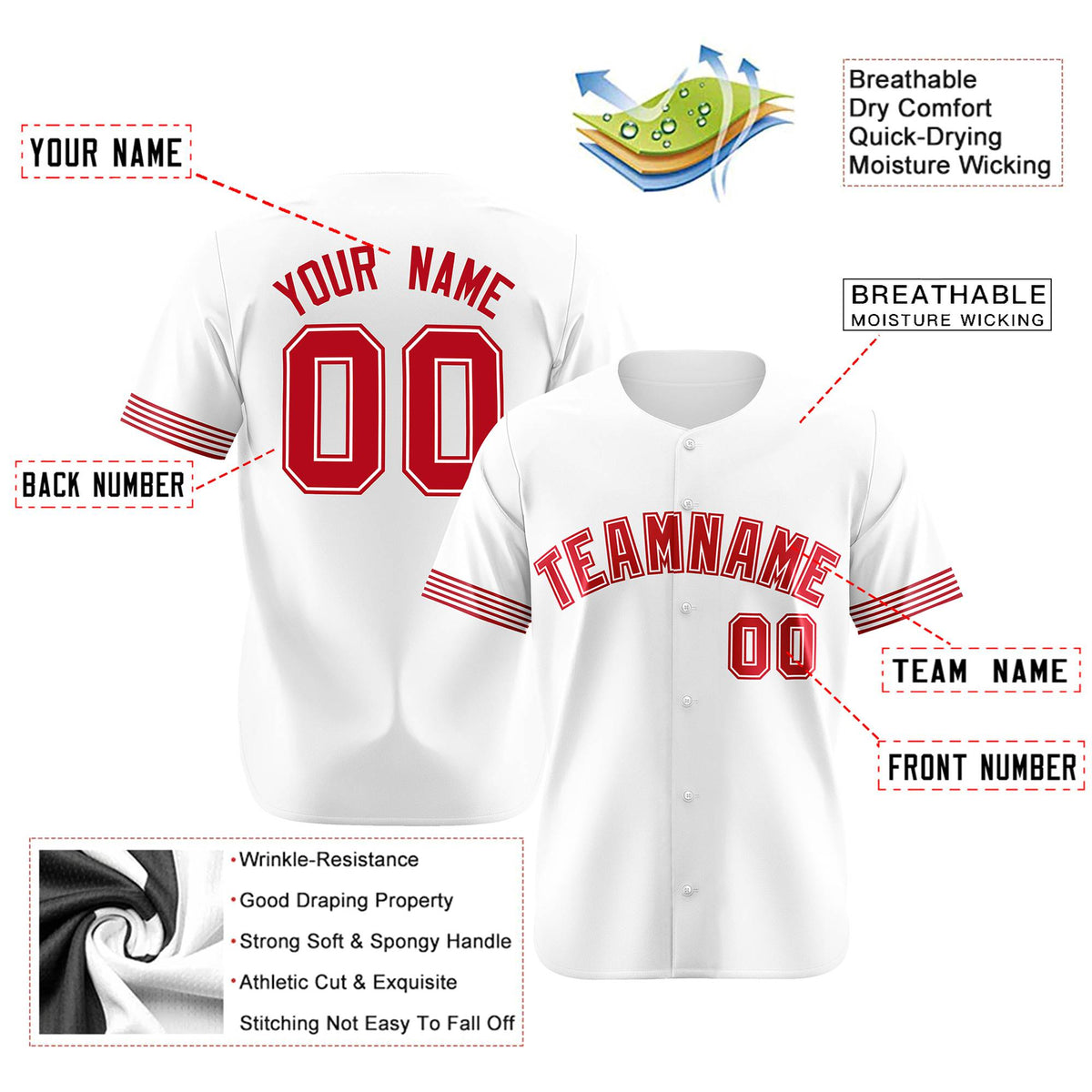 Custom White Red Classic Style Authentic Baseball Jersey