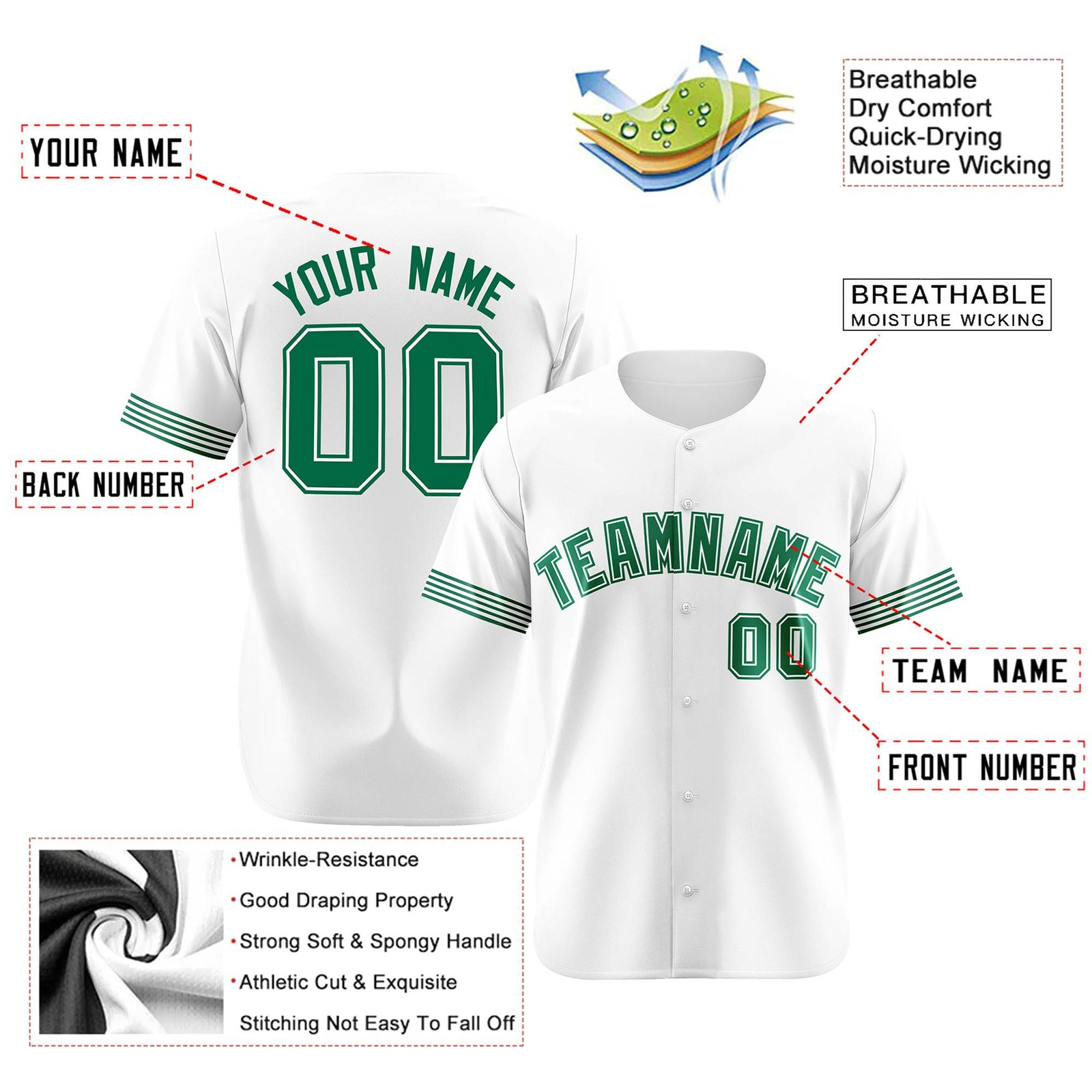 Custom White Kelly Green Classic Style Authentic Baseball Jersey