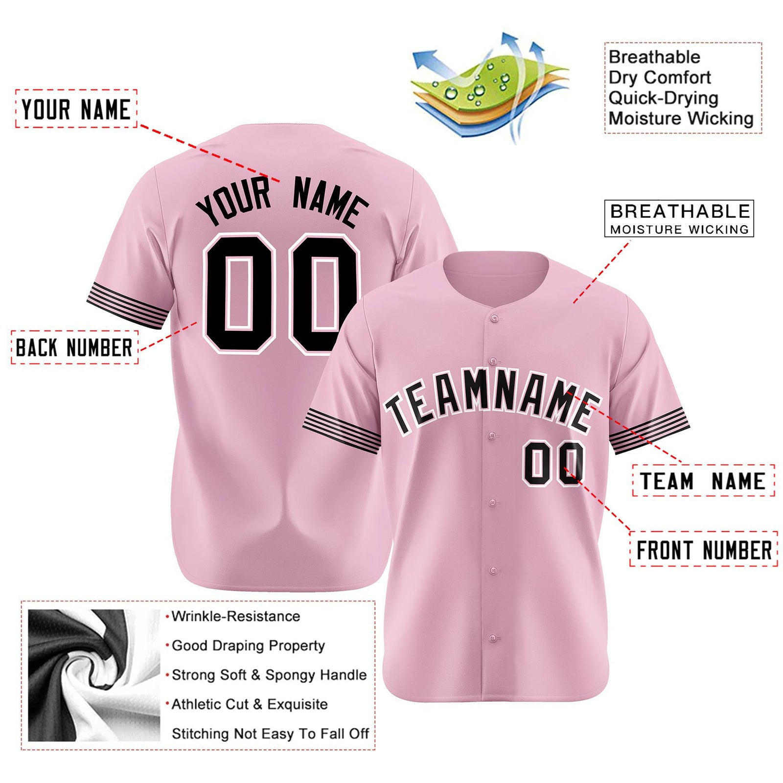 Custom Light Pink Black-White Classic Style Authentic Baseball Jersey