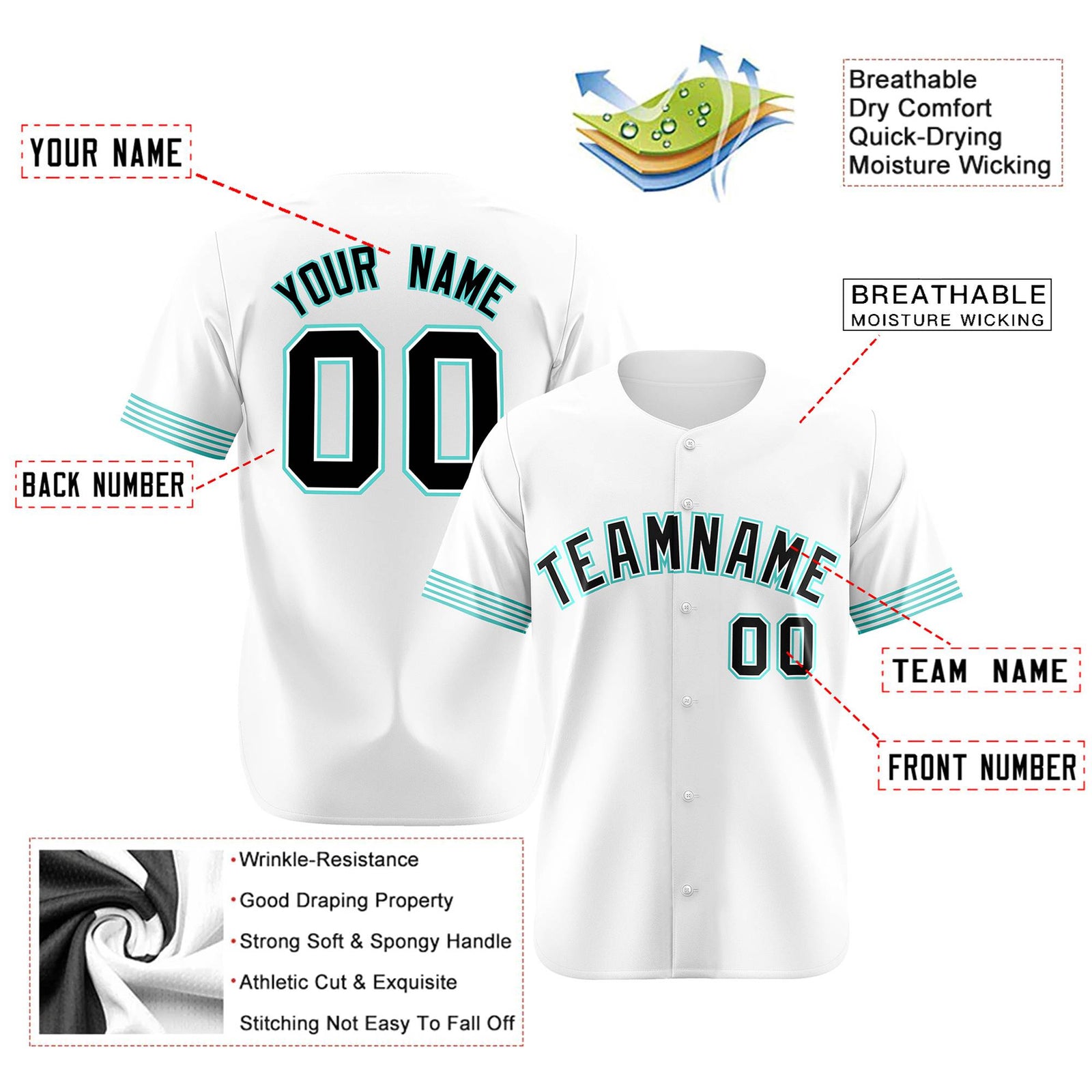 Custom White Black-Aqua Classic Style Authentic Baseball Jersey