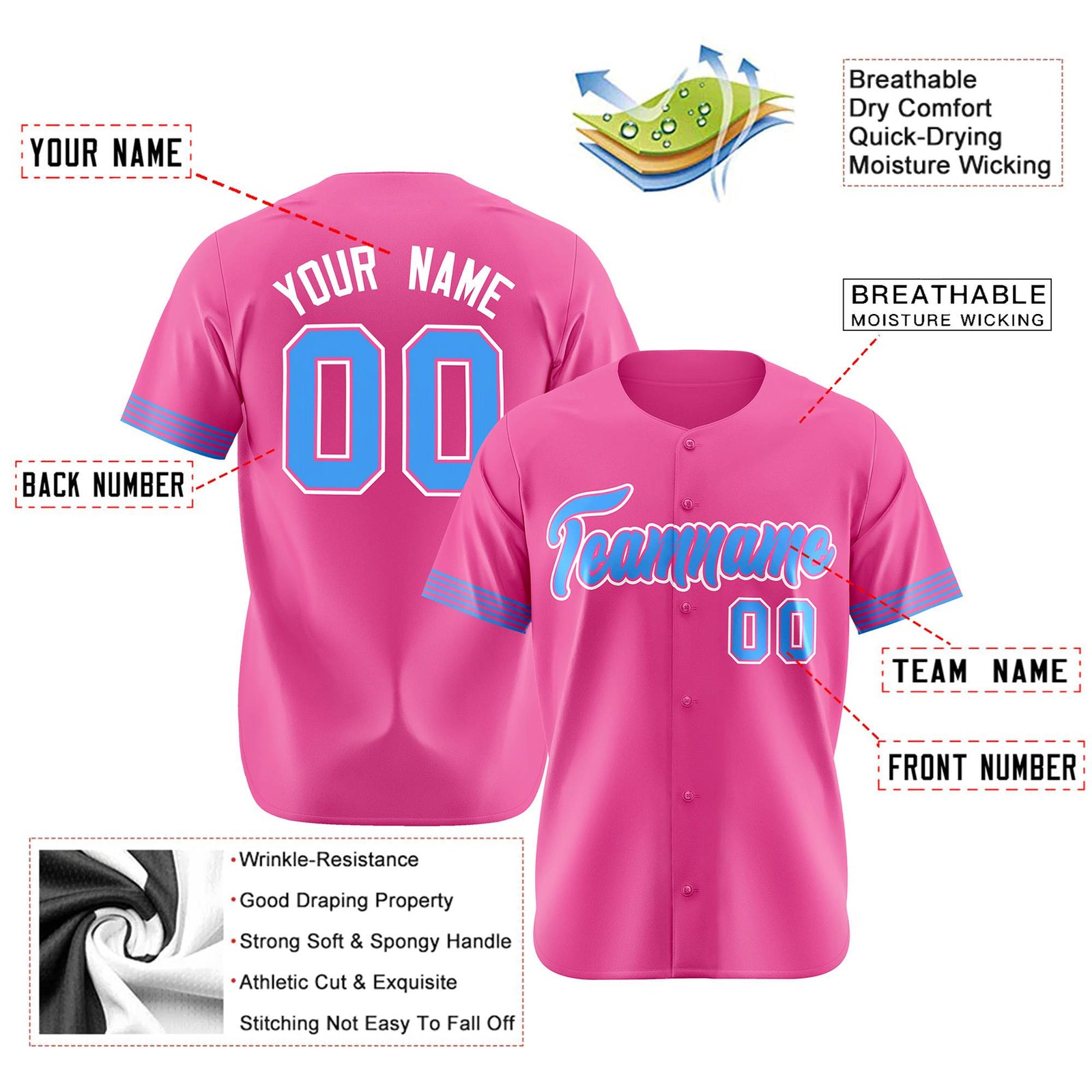 Custom Pink Powder Blue-White Classic Style Authentic Baseball Jersey