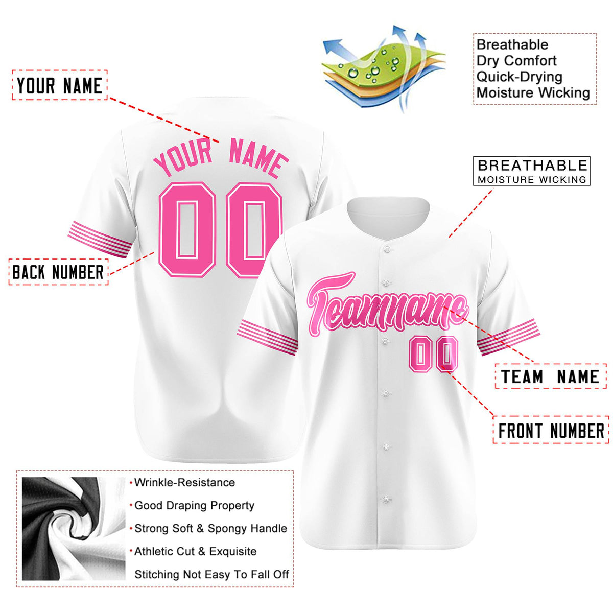 Custom White Pink Classic Style Authentic Baseball Jersey