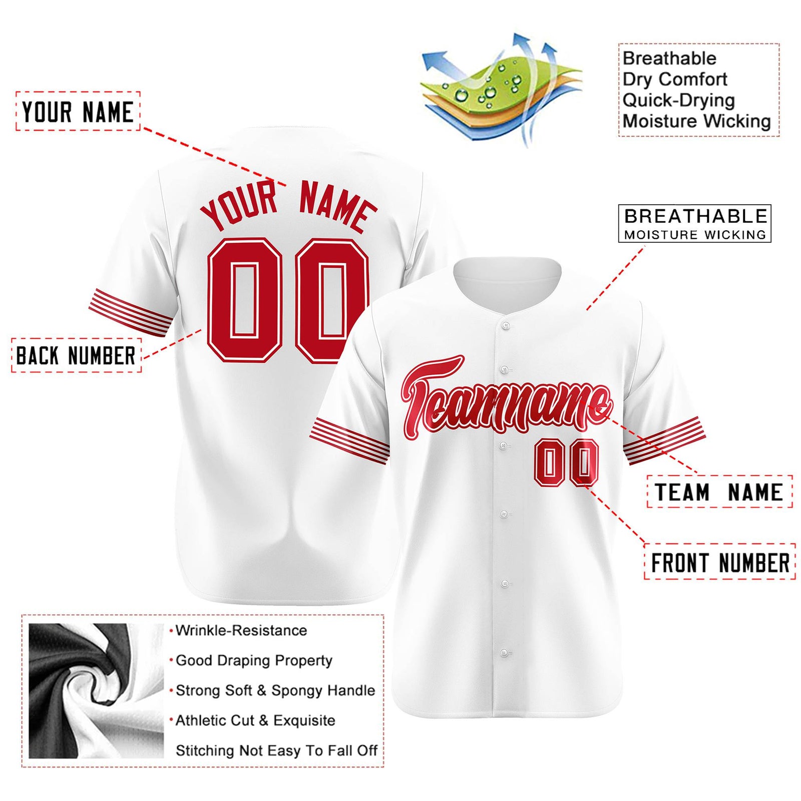 Custom White Red Classic Style Authentic Baseball Jersey