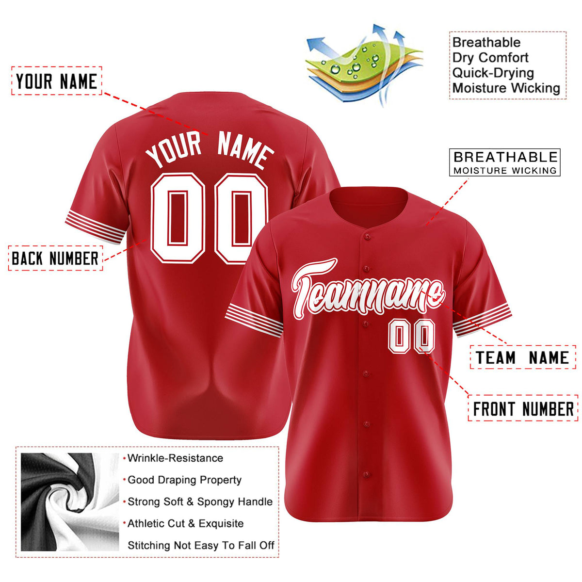 Custom Red White Classic Style Authentic Baseball Jersey
