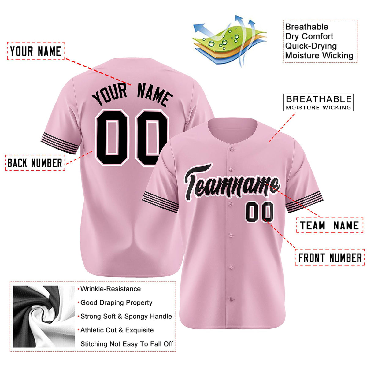 Custom Light Pink Black-White Classic Style Authentic Baseball Jersey