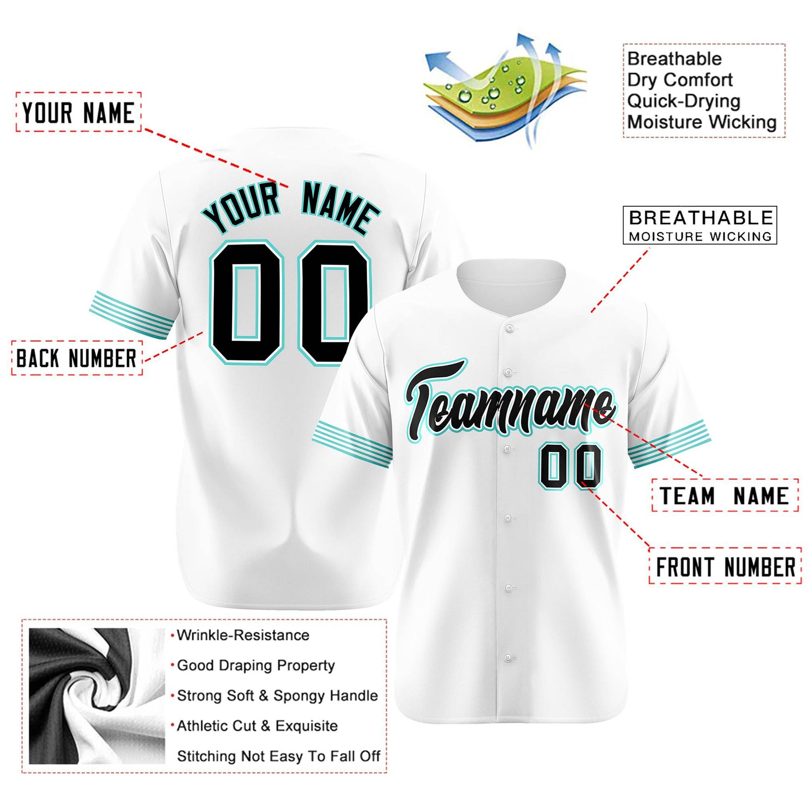 Custom White Black-Aqua Classic Style Authentic Baseball Jersey