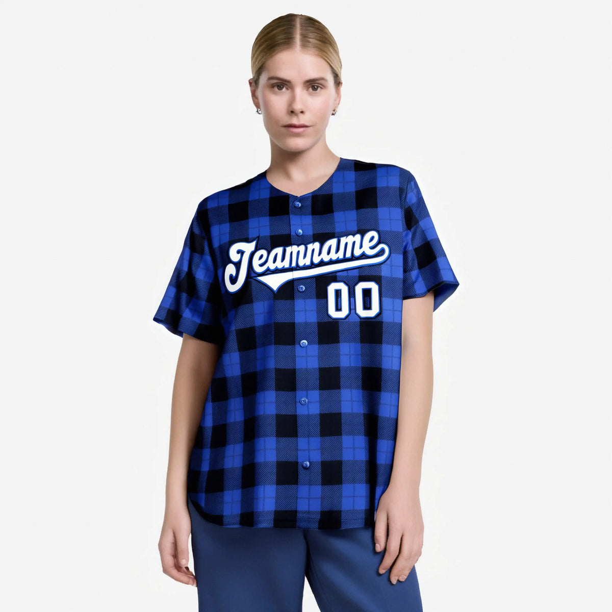 Custom Royal Navy Personalized Plaid Design Authentic Baseball Jersey