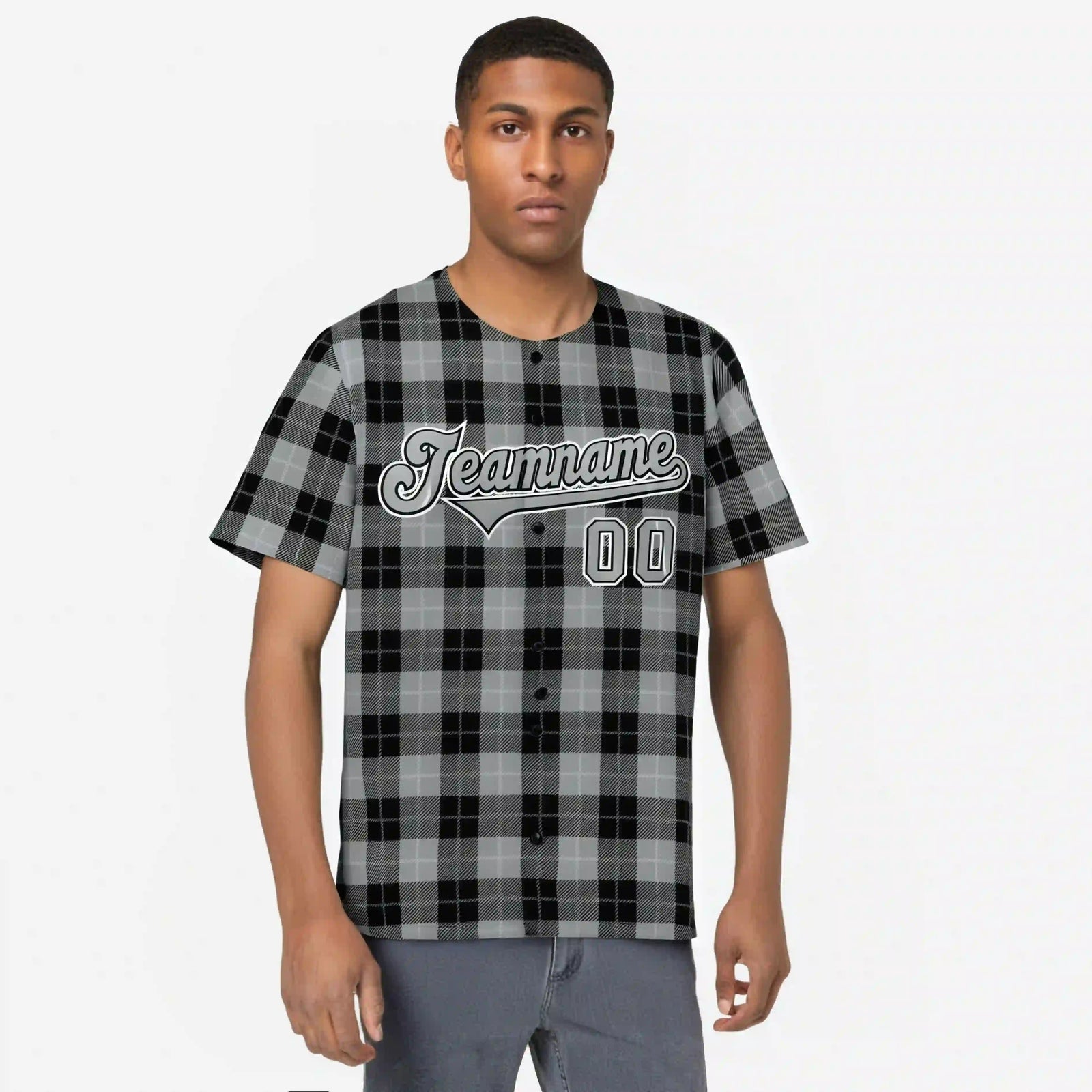 Custom Gray Black Personalized Plaid Design Authentic Baseball Jersey