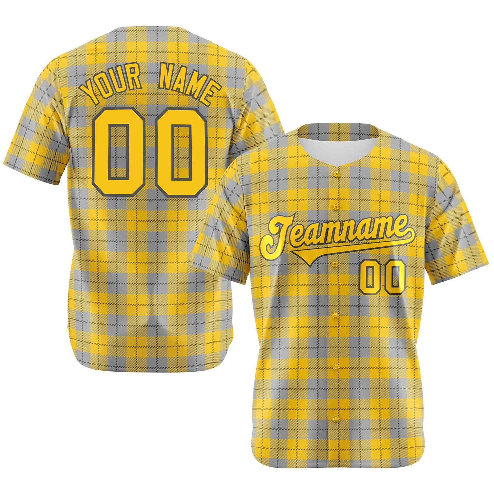 Custom Gold Gray Personalized Plaid Design Authentic Baseball Jersey