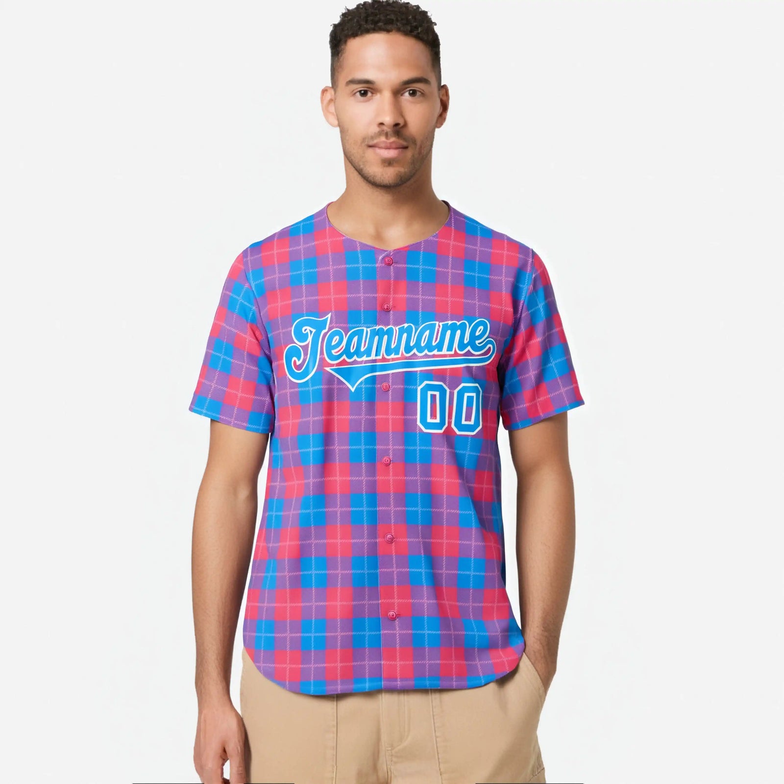 Custom Pink Powder Blue Personalized Plaid Design Authentic Baseball Jersey