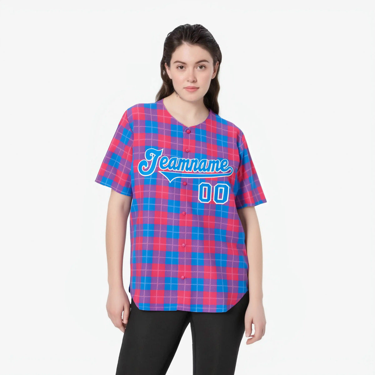 Custom Pink Powder Blue Personalized Plaid Design Authentic Baseball Jersey