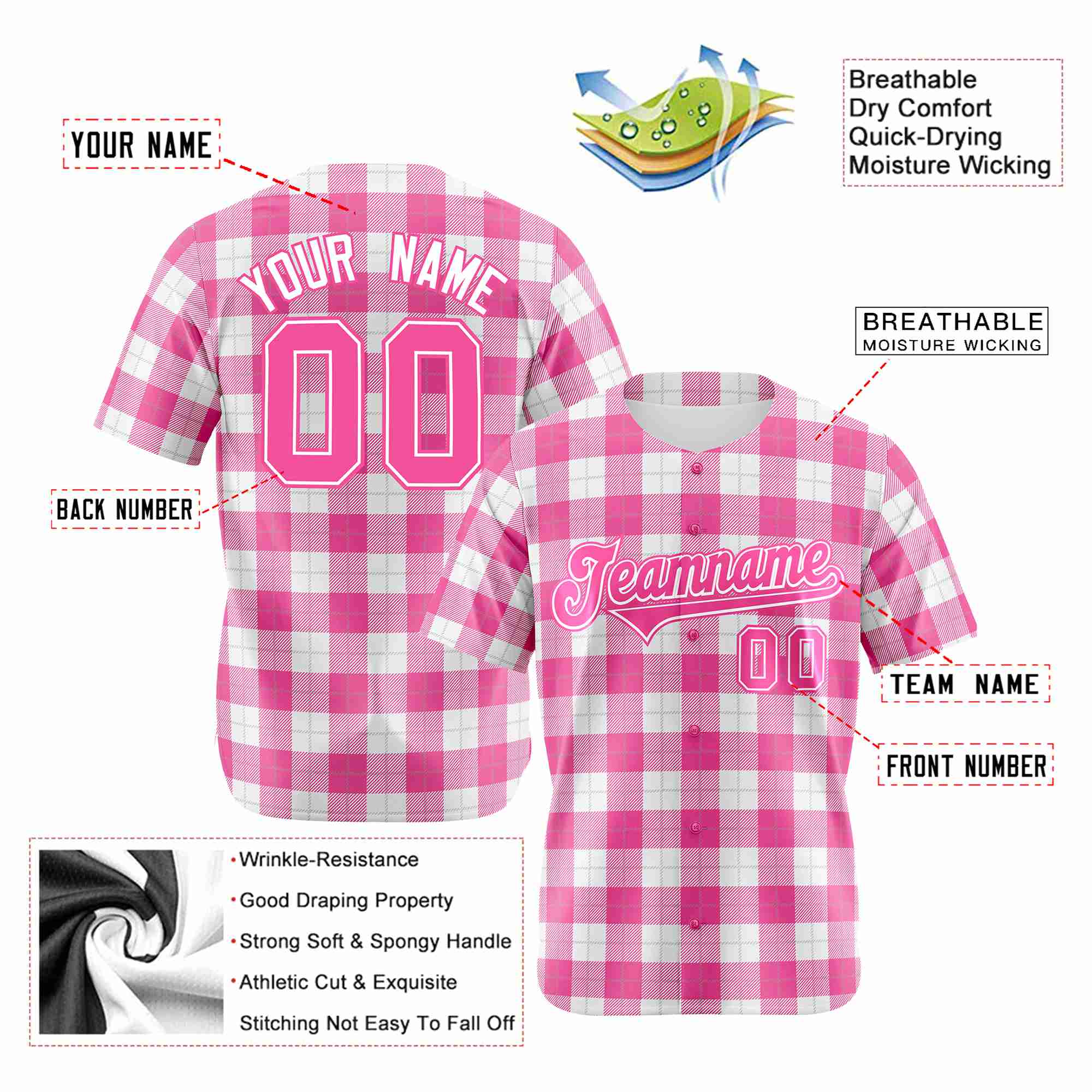 Custom Pink White Personalized Plaid Design Authentic Baseball Jersey