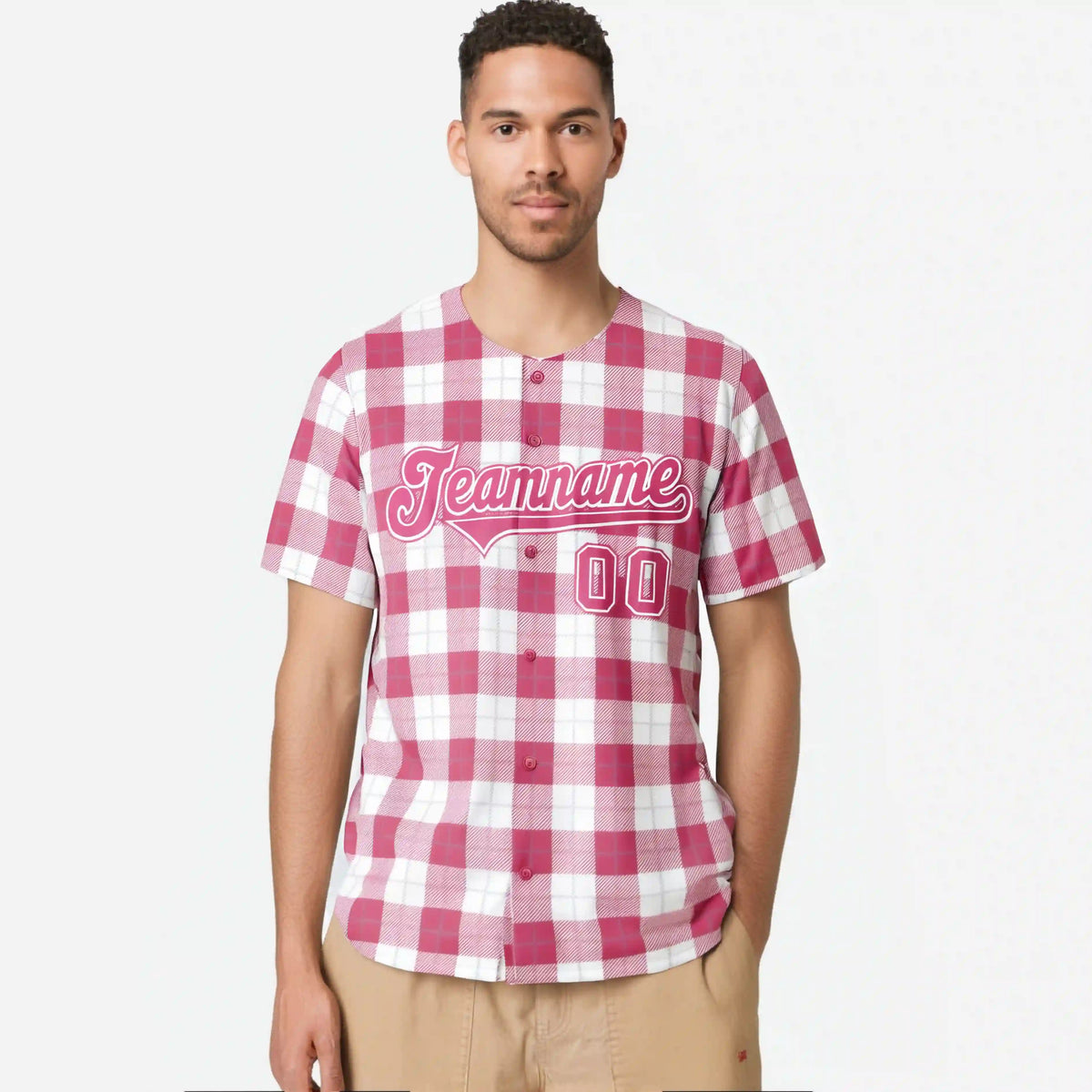 Custom Pink White Personalized Plaid Design Authentic Baseball Jersey