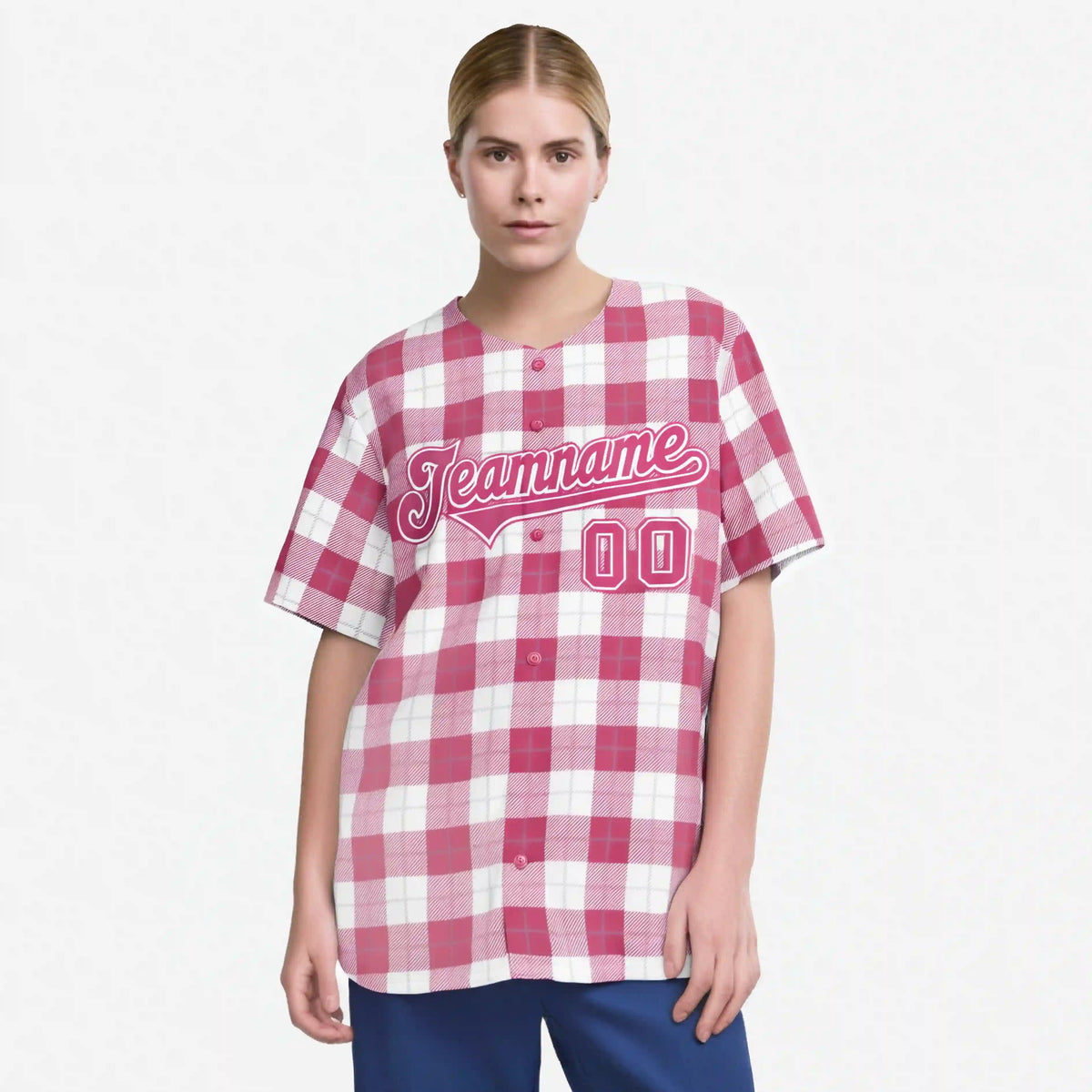 Custom Pink White Personalized Plaid Design Authentic Baseball Jersey