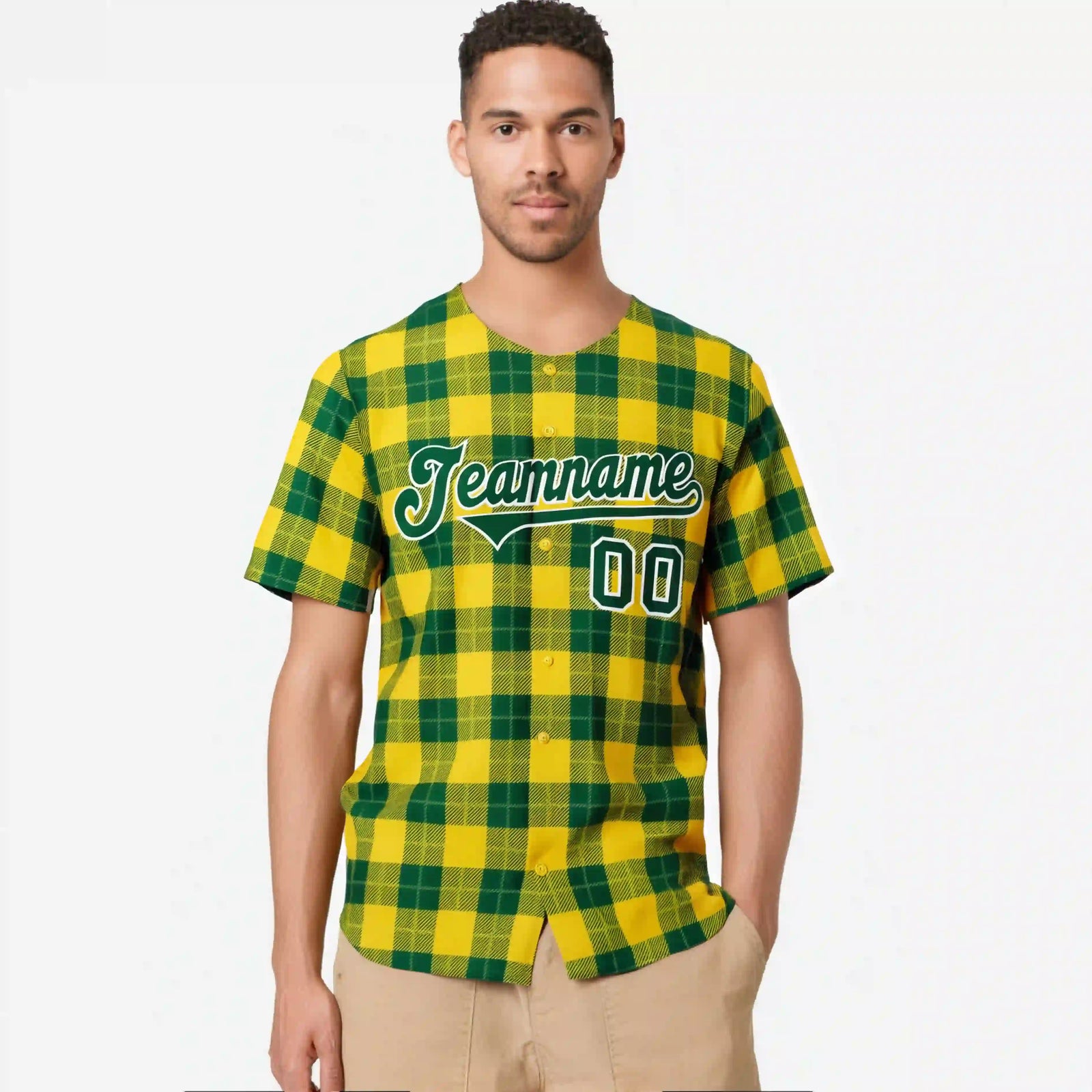 Custom Yellow Green Personalized Plaid Design Authentic Baseball Jersey