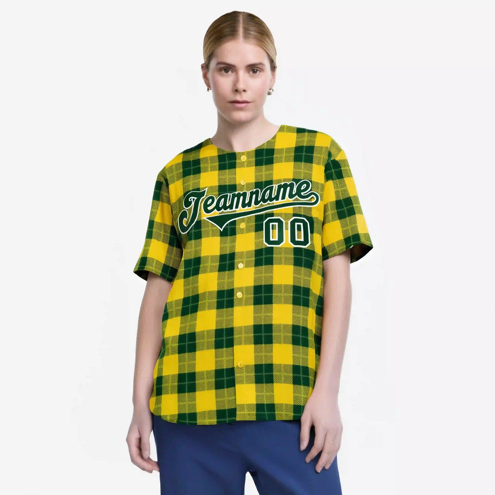Custom Yellow Green Personalized Plaid Design Authentic Baseball Jersey
