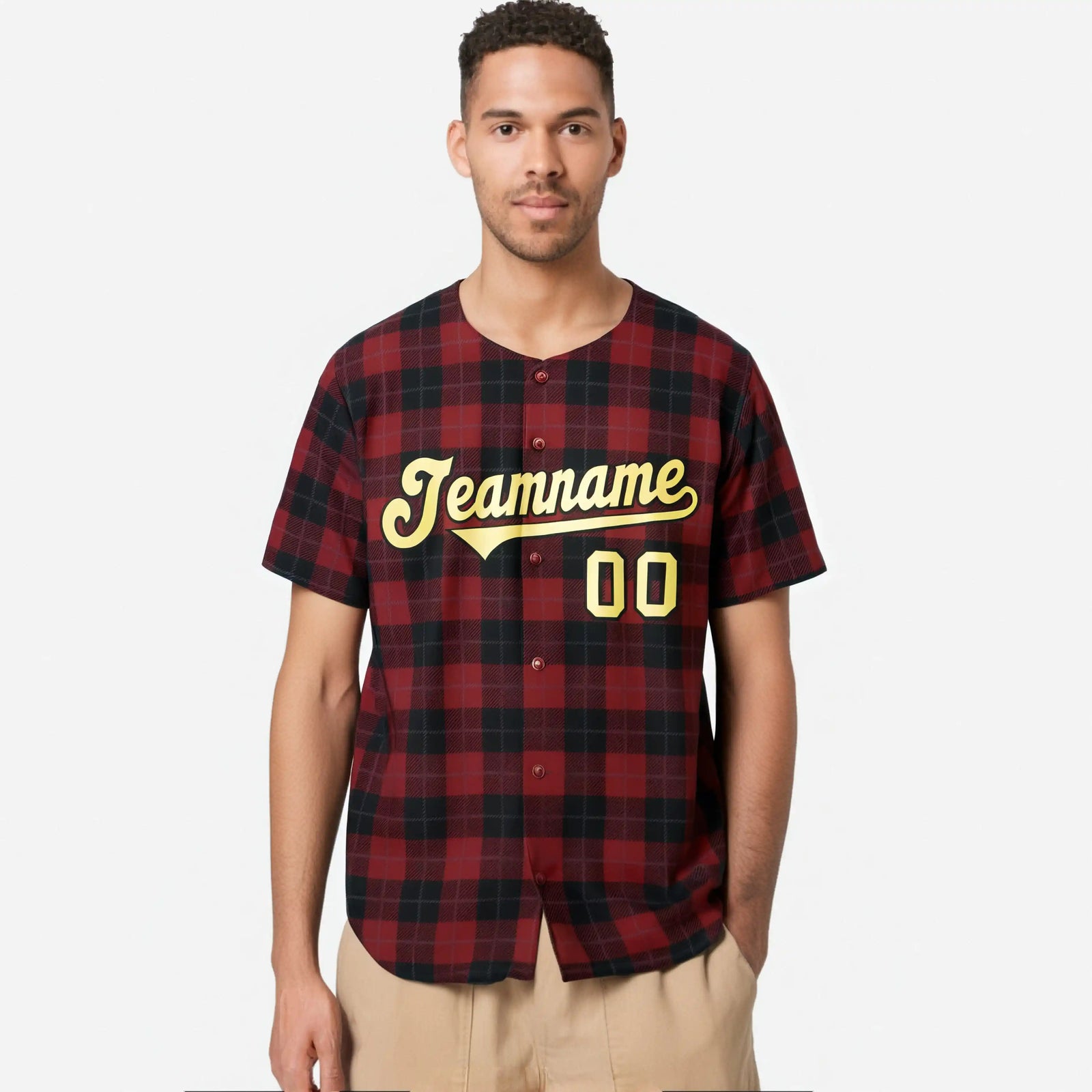 Custom Crimson Black Personalized Plaid Design Authentic Baseball Jersey
