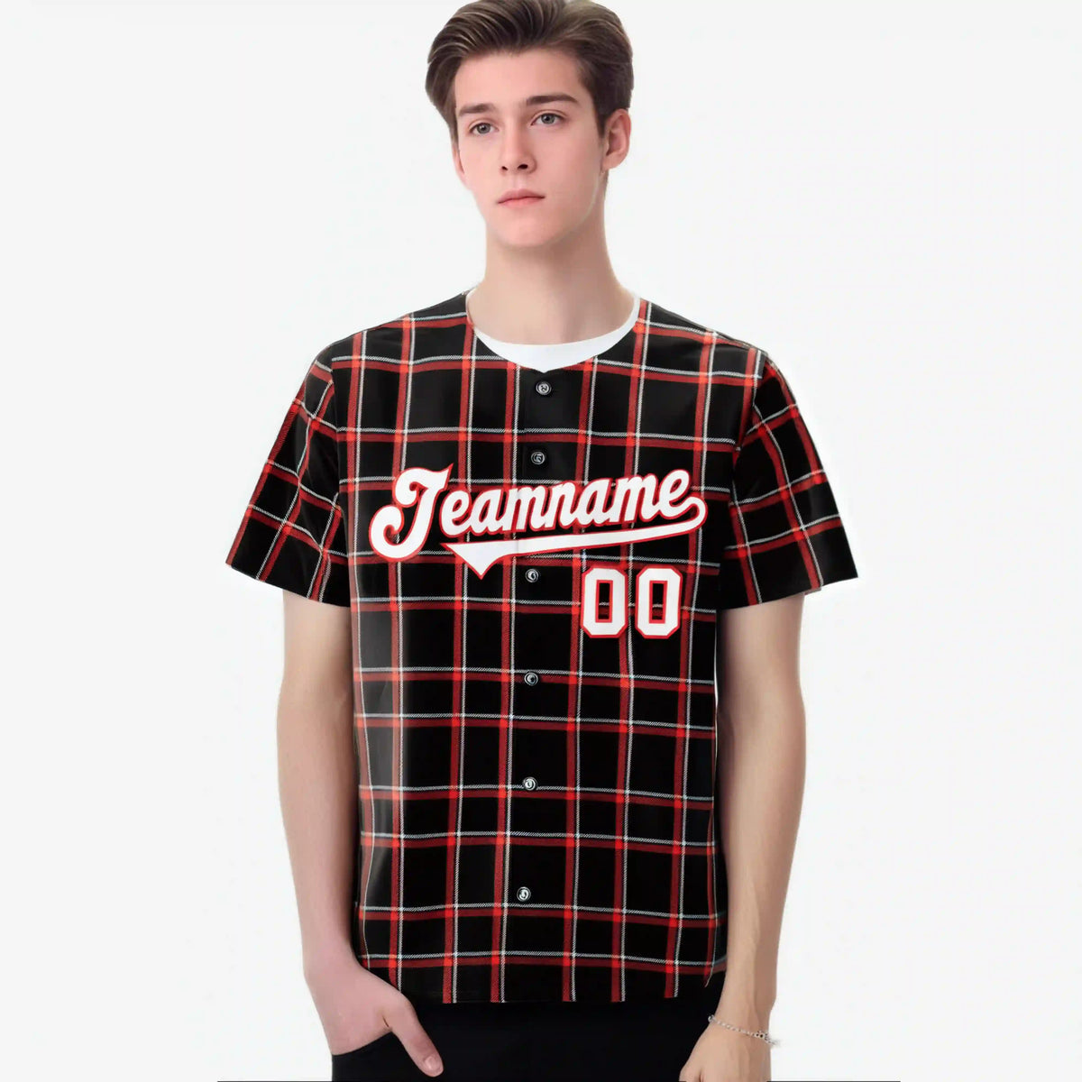Custom Black Red Personalized Plaid Design Authentic Baseball Jersey