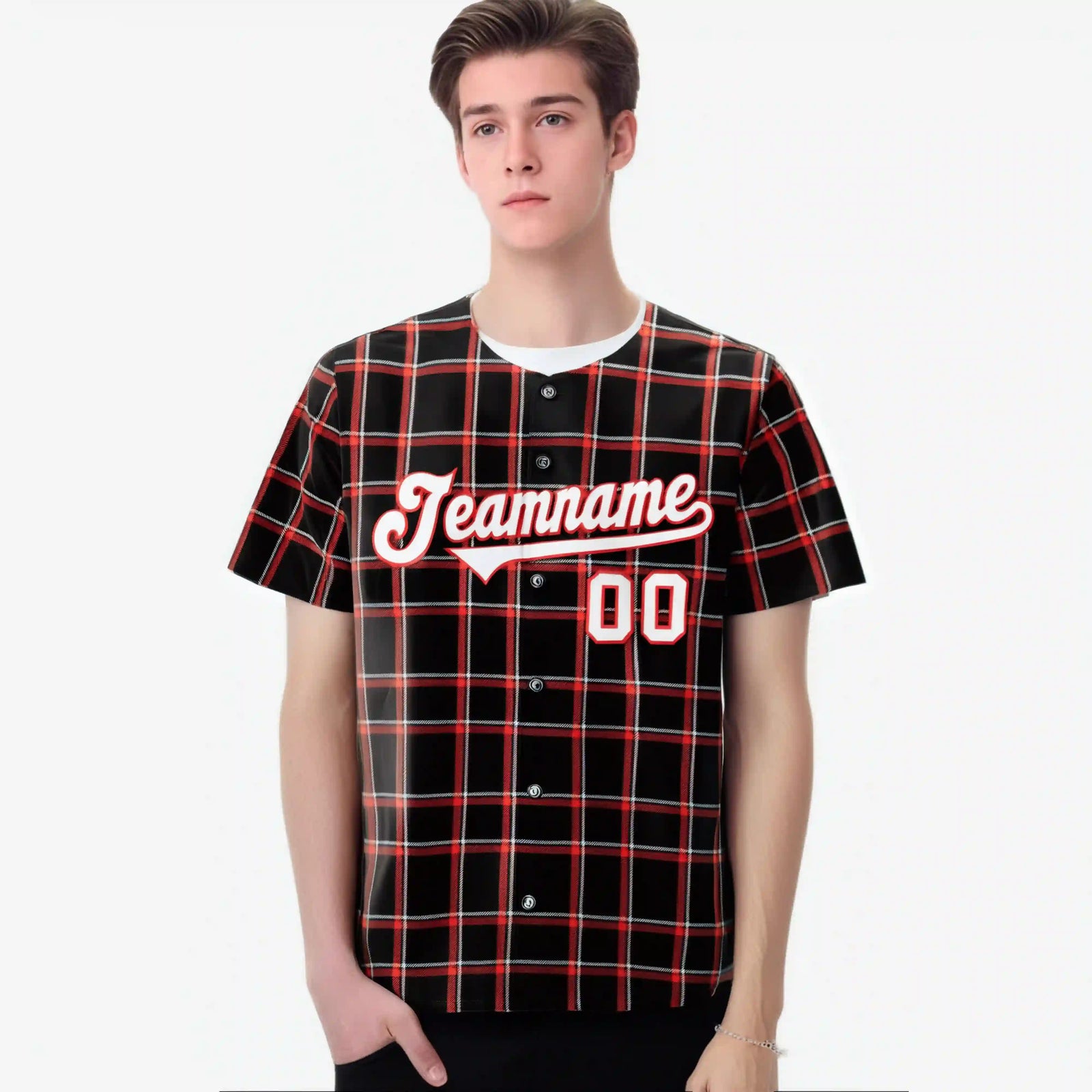 Custom Black Red Personalized Plaid Design Authentic Baseball Jersey