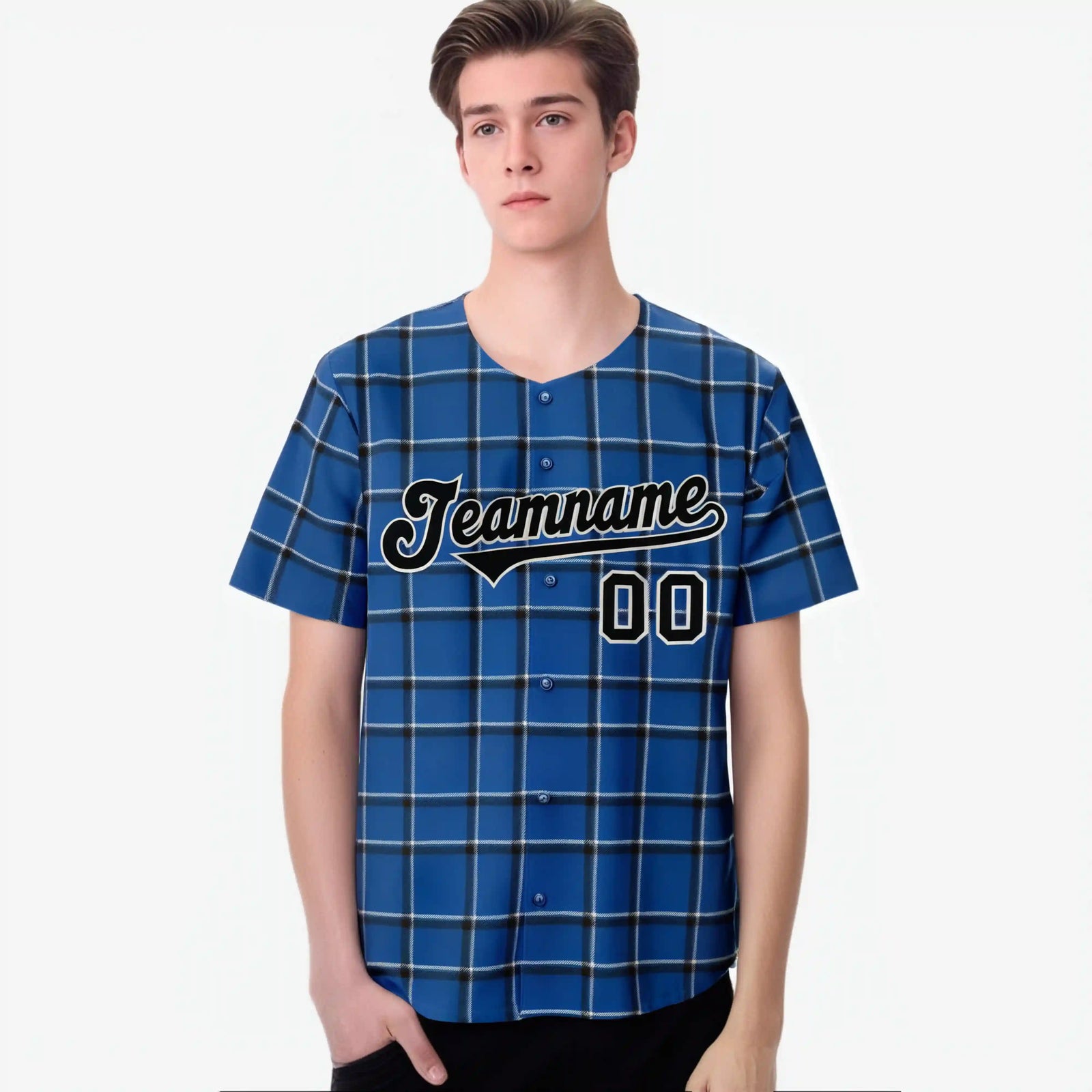 Custom Royal Blue Black Personalized Plaid Design Authentic Baseball Jersey