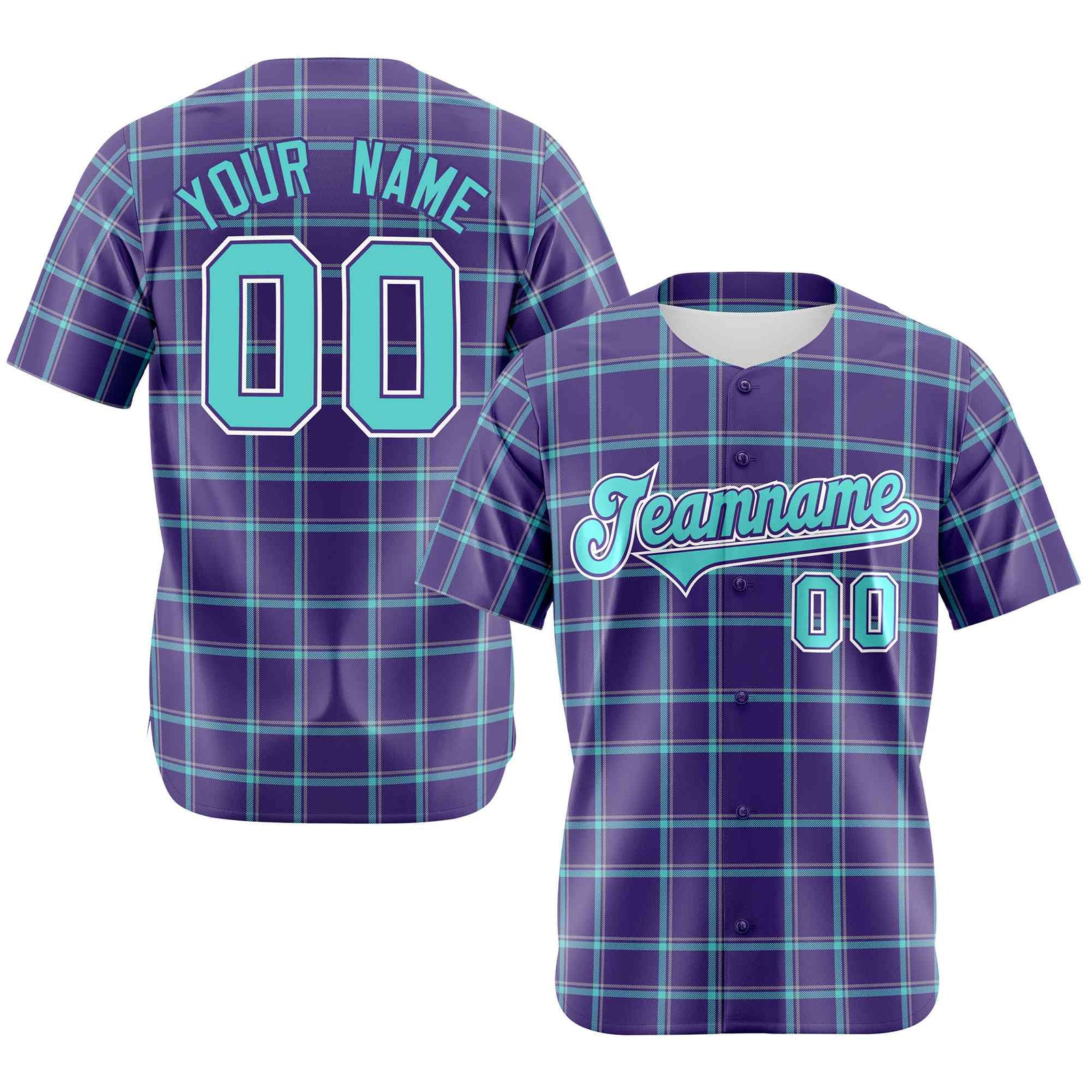 Custom Purple Aqua Personalized Plaid Design Authentic Baseball Jersey