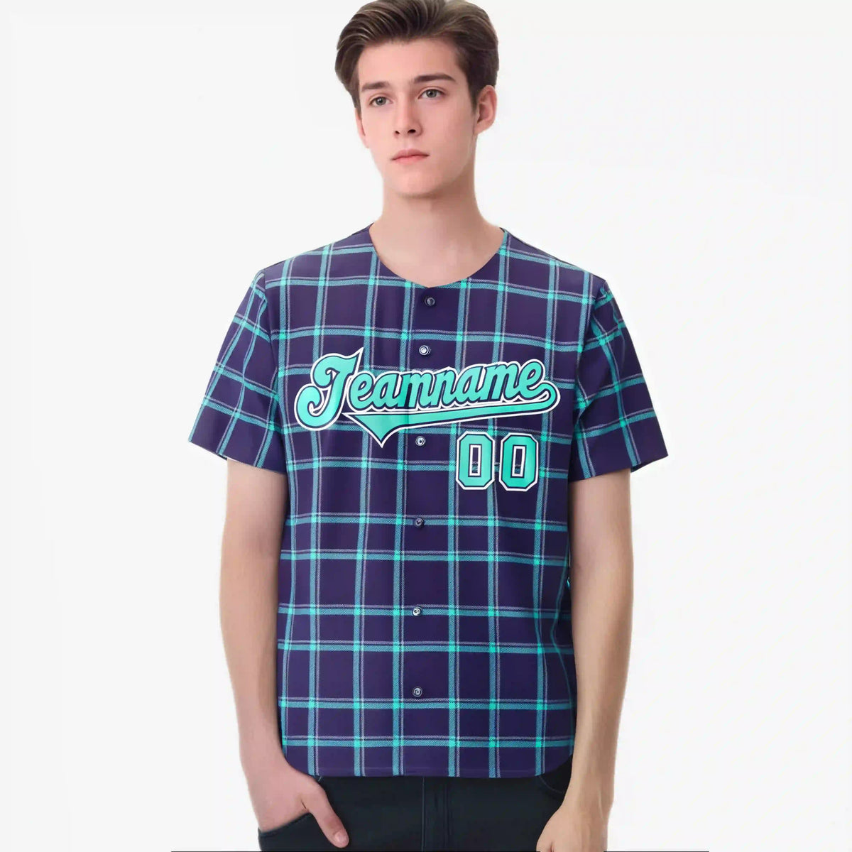 Custom Purple Aqua Personalized Plaid Design Authentic Baseball Jersey