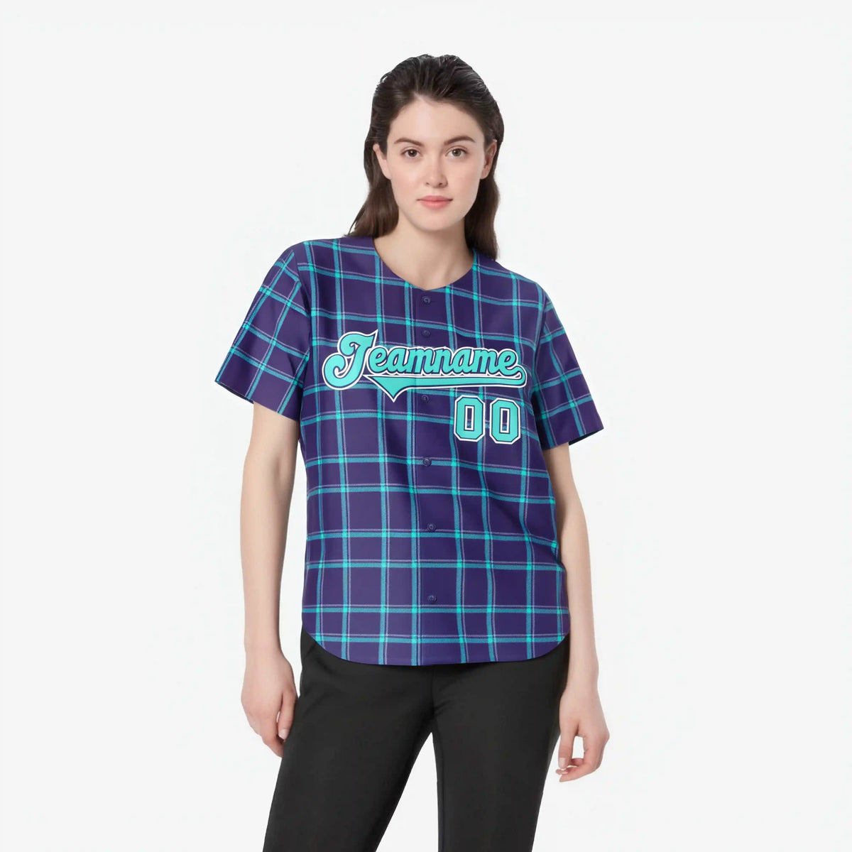 Custom Purple Aqua Personalized Plaid Design Authentic Baseball Jersey