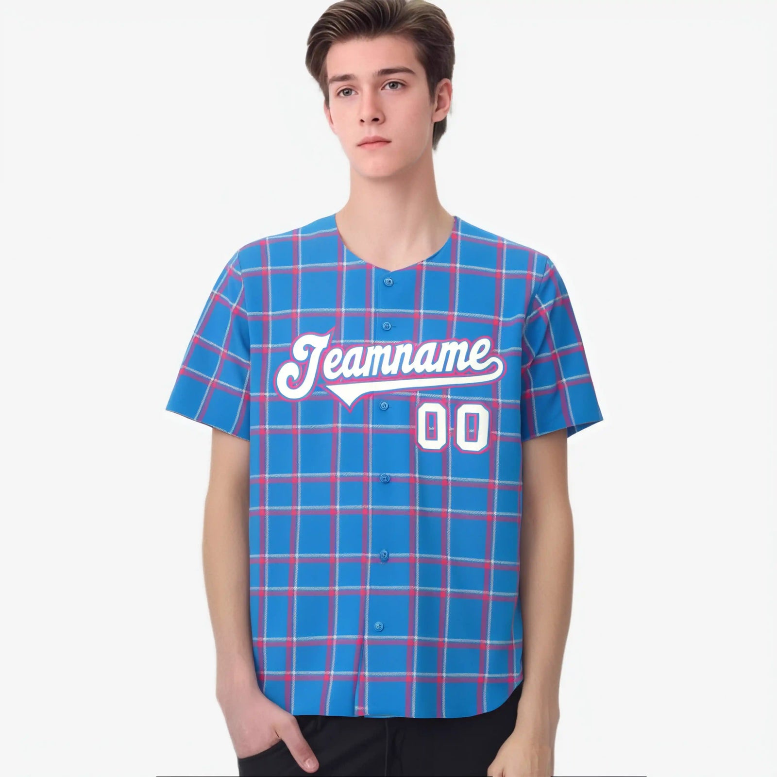 Custom Powder Blue Pink Personalized Plaid Design Authentic Baseball Jersey