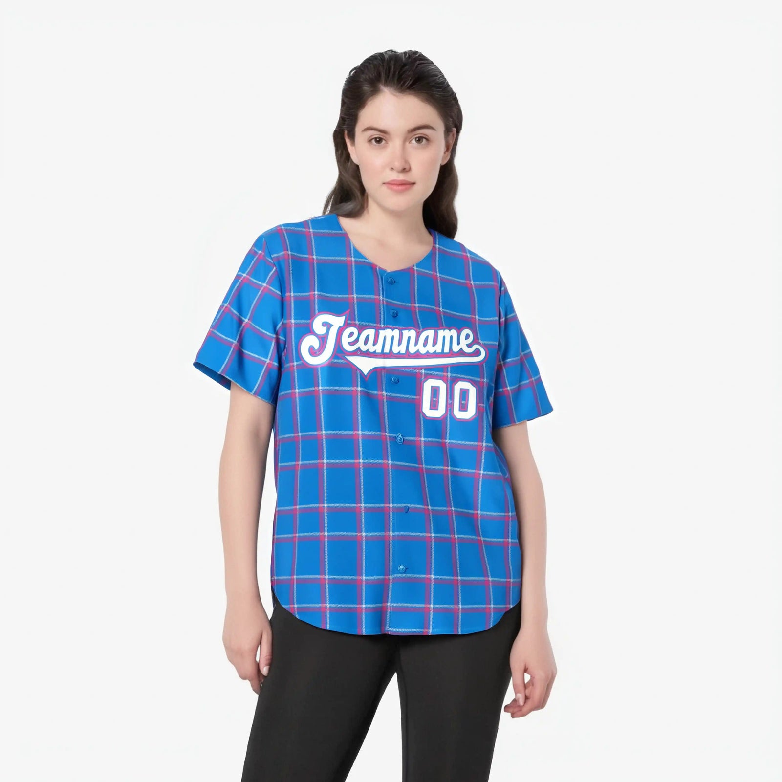 Custom Powder Blue Pink Personalized Plaid Design Authentic Baseball Jersey