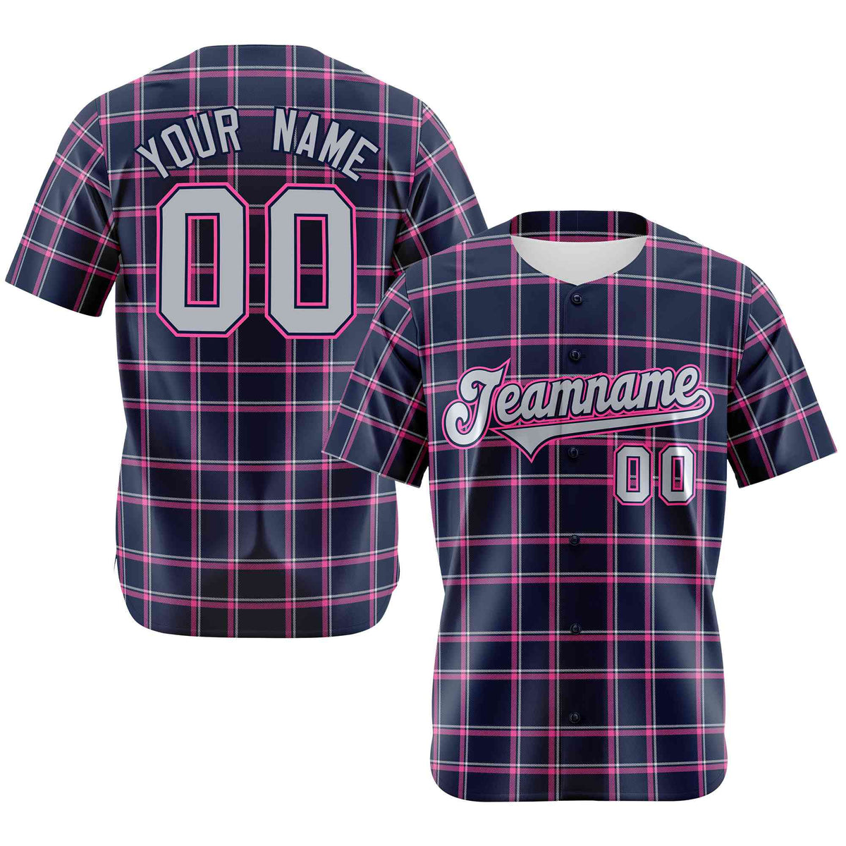 Custom Navy Pink Personalized Plaid Design Authentic Baseball Jersey