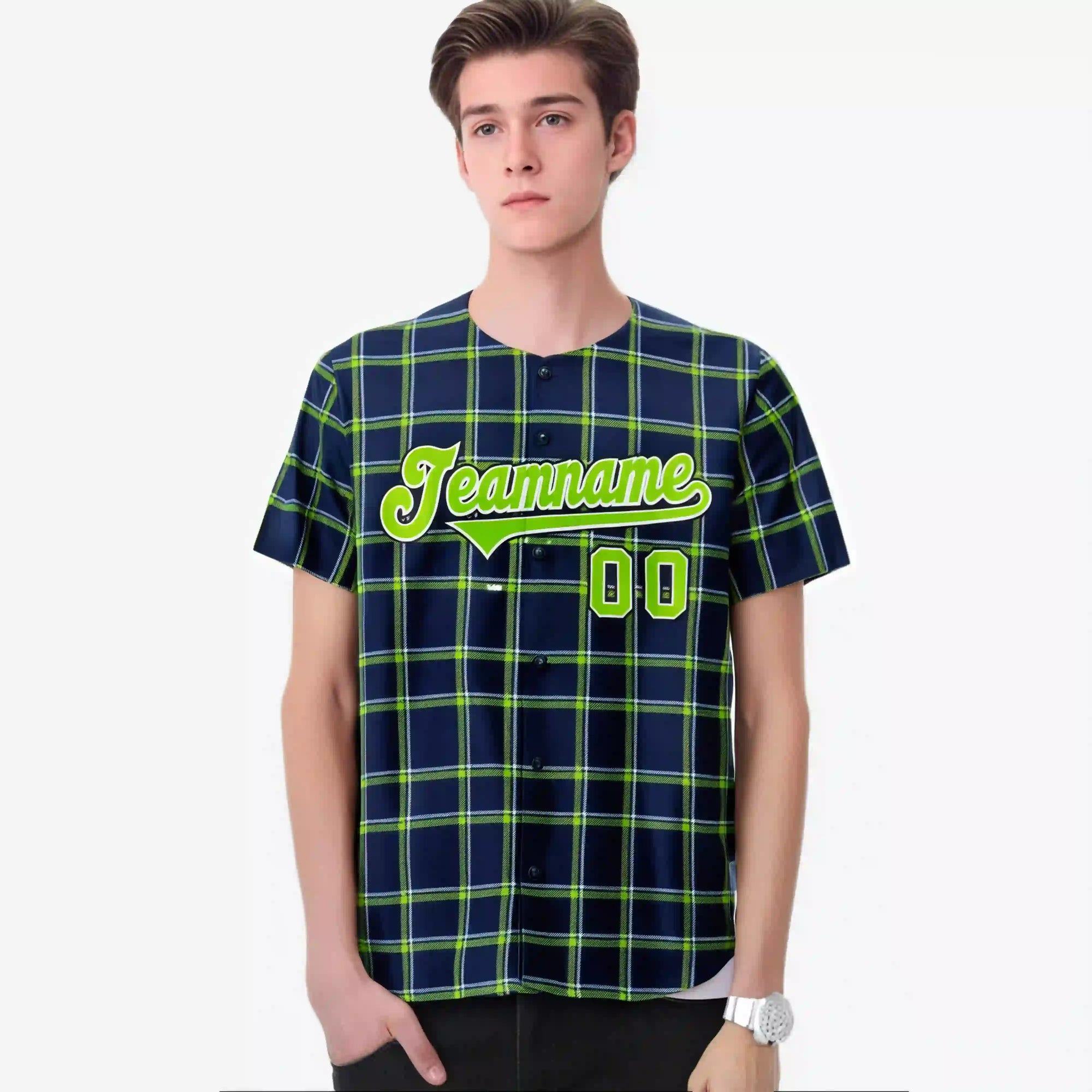 Custom Navy Neon Green Personalized Plaid Design Authentic Baseball Jersey