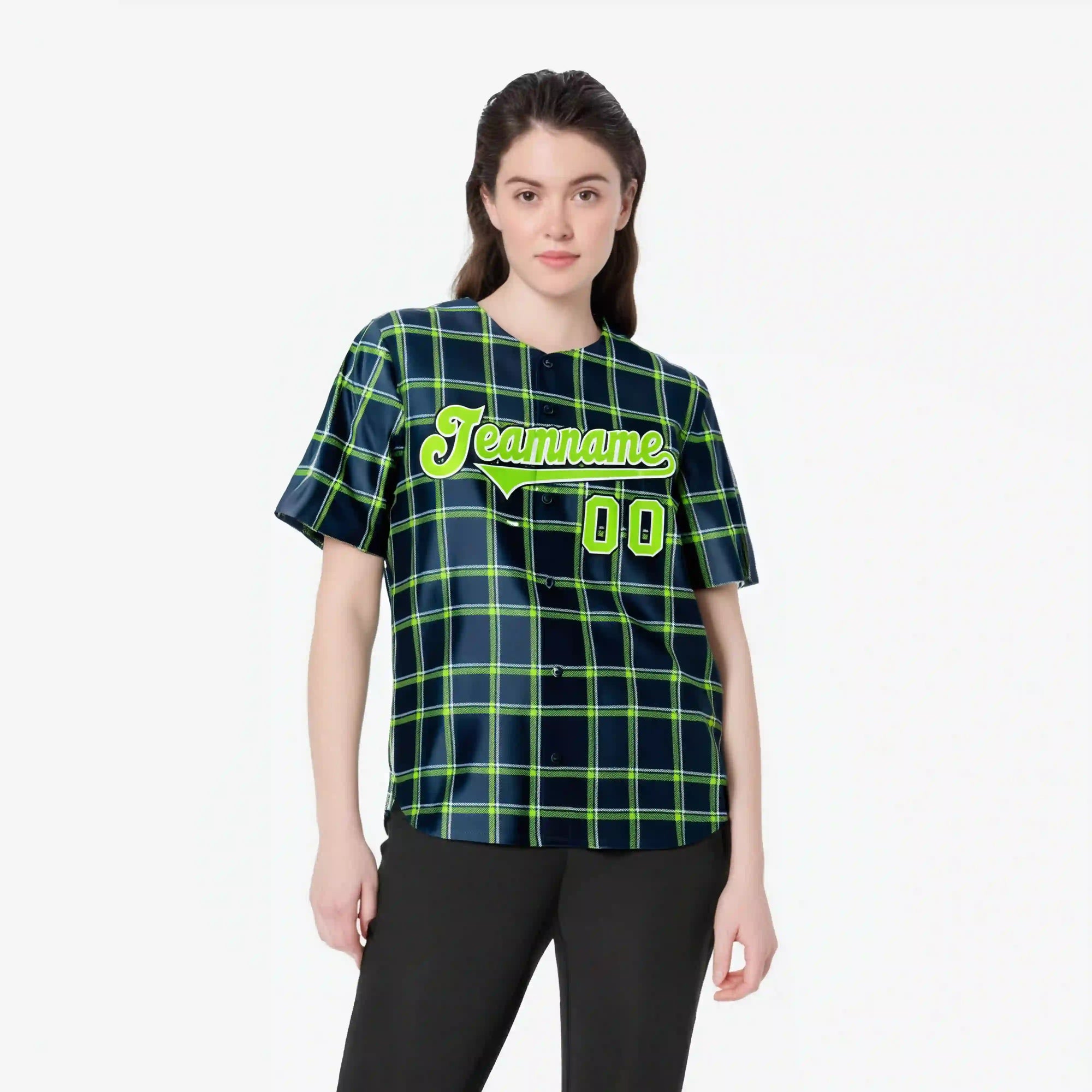 Custom Navy Neon Green Personalized Plaid Design Authentic Baseball Jersey