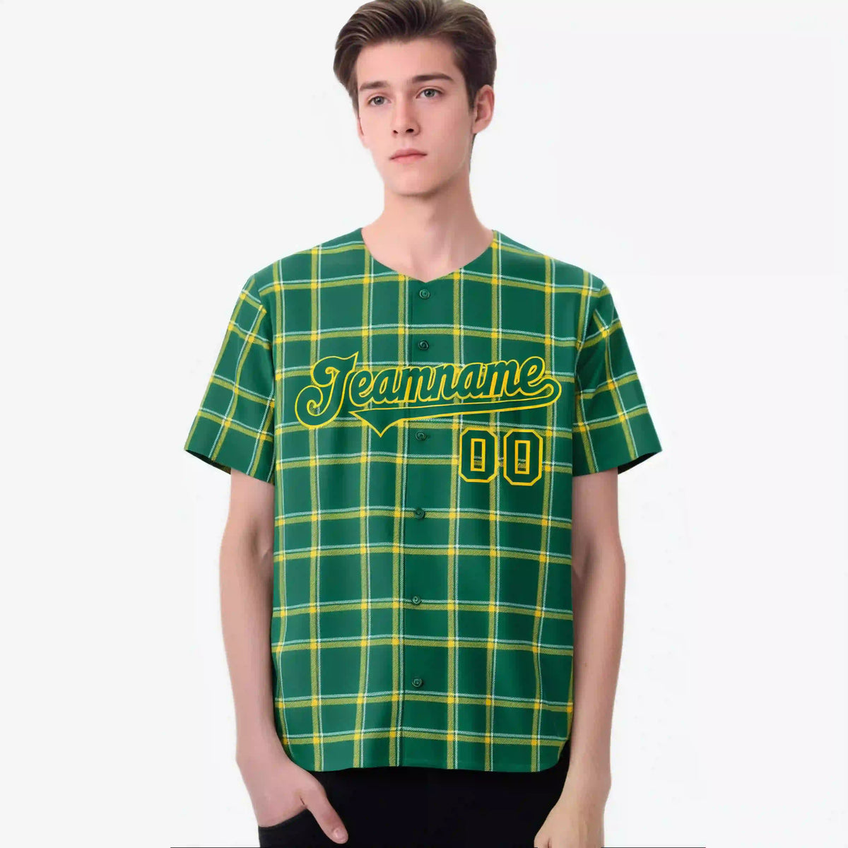Custom Kelly Green Gold Personalized Plaid Design Authentic Baseball Jersey