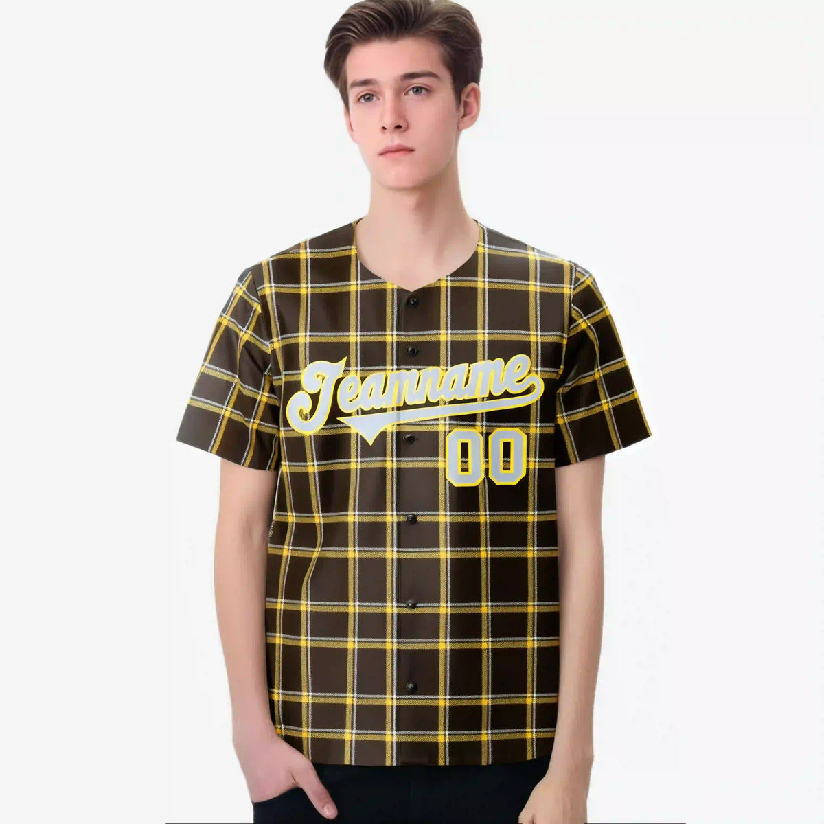 Custom Brown Yellow Personalized Plaid Design Authentic Baseball Jersey