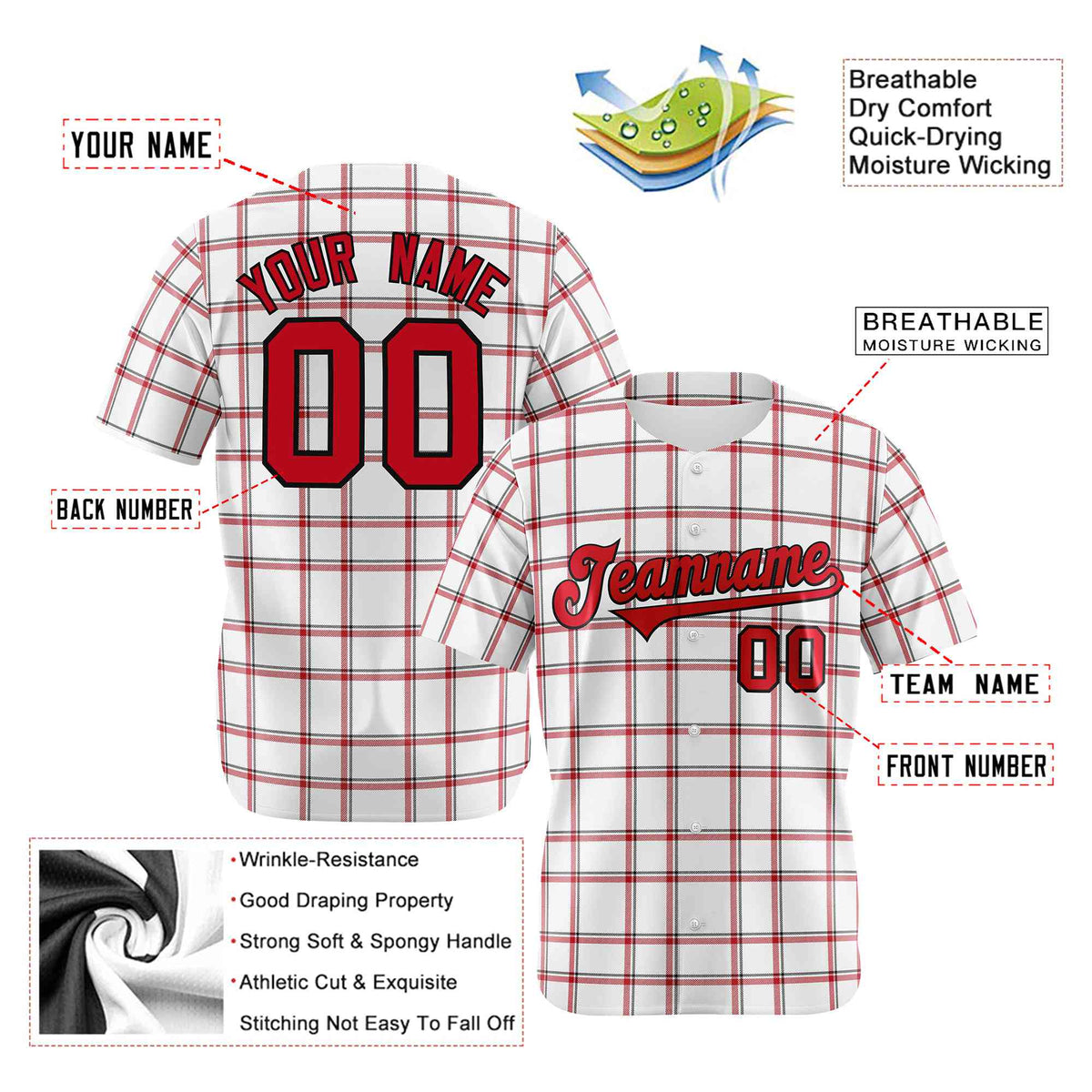 Custom White Red Personalized Plaid Design Authentic Baseball Jersey