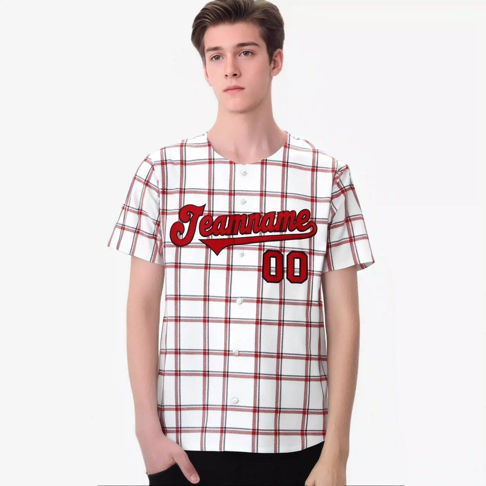 Custom White Red Personalized Plaid Design Authentic Baseball Jersey