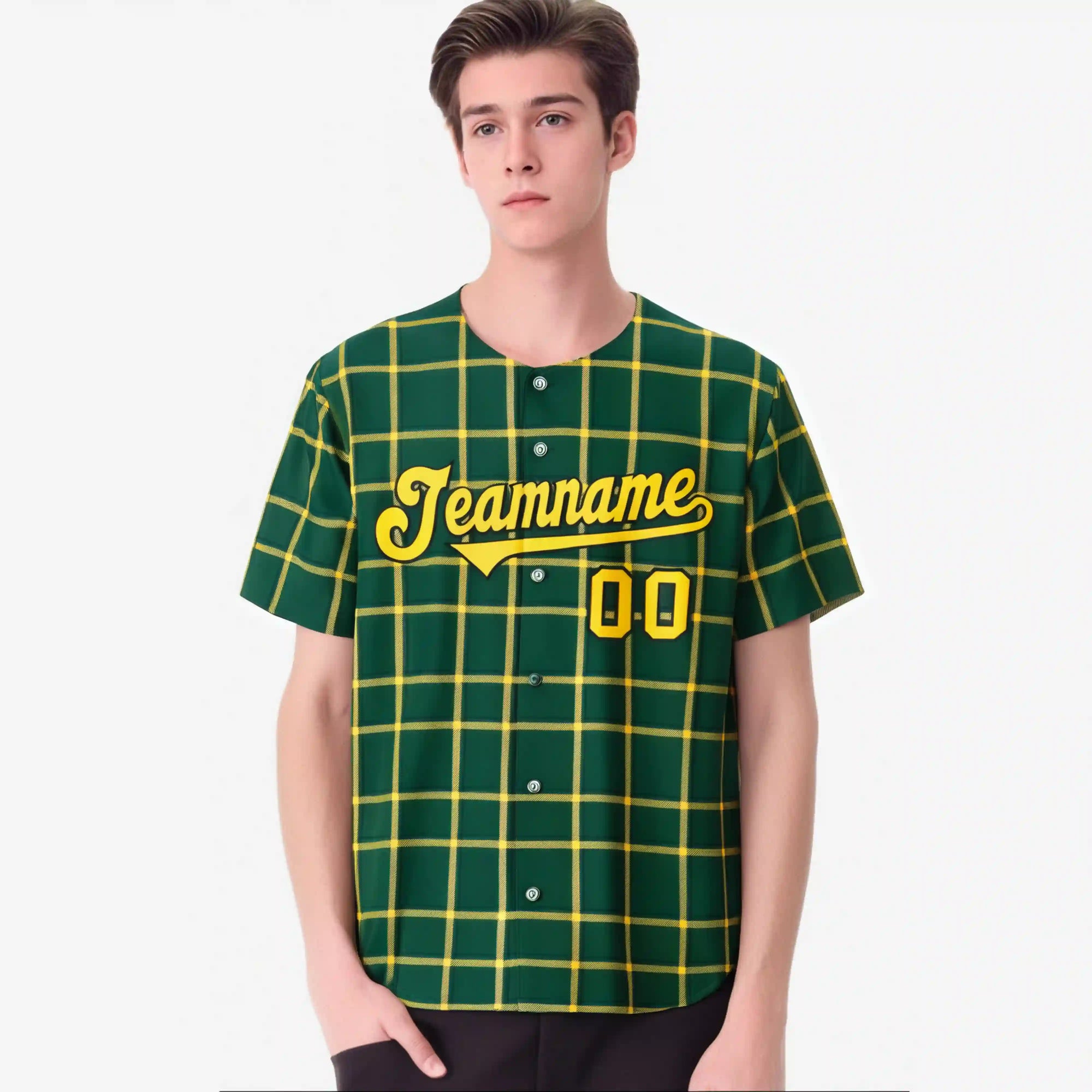 Custom Green Yellow Personalized Plaid Design Authentic Baseball Jersey