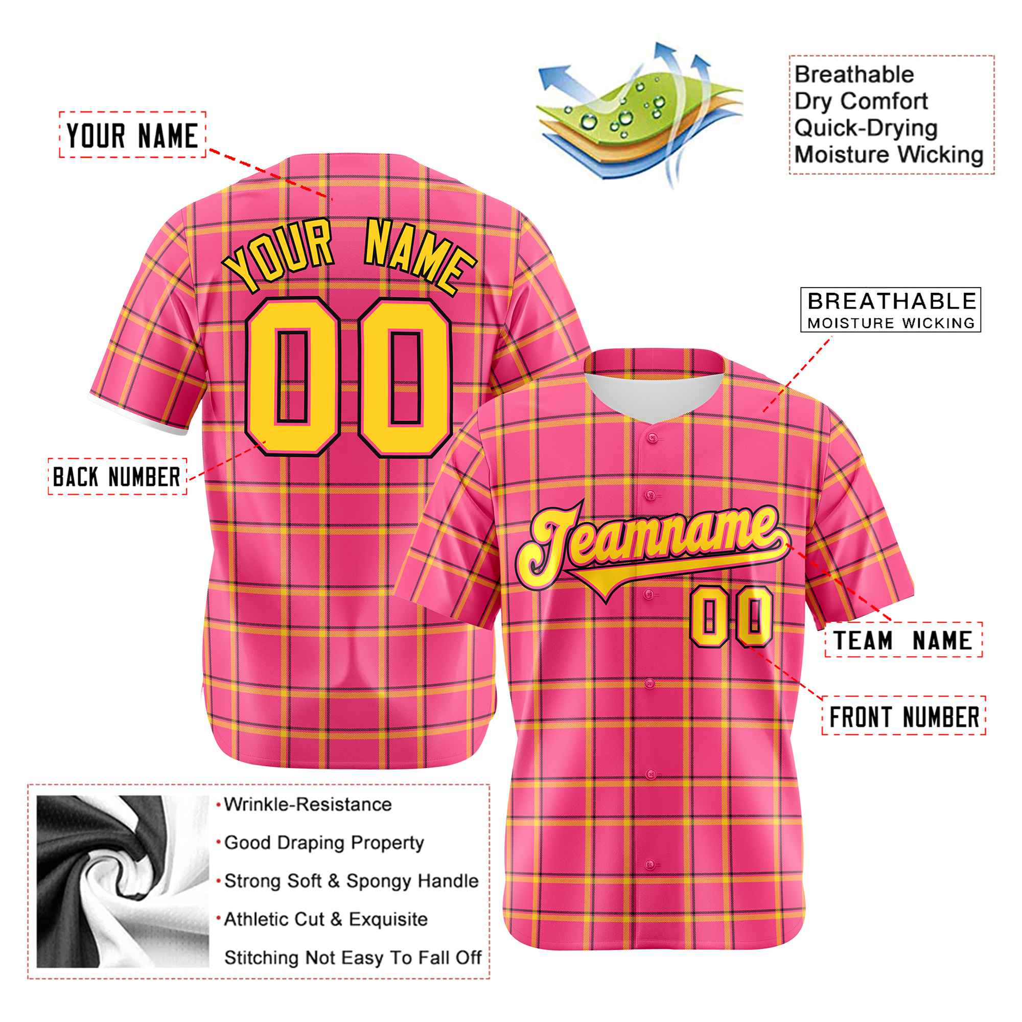 Custom Pink Gold Personalized Plaid Design Authentic Baseball Jersey