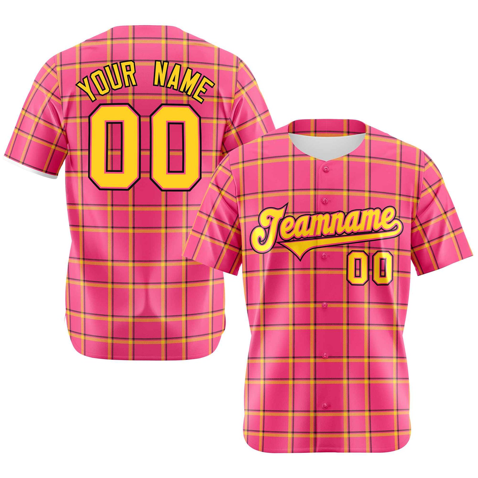 Custom Pink Gold Personalized Plaid Design Authentic Baseball Jersey