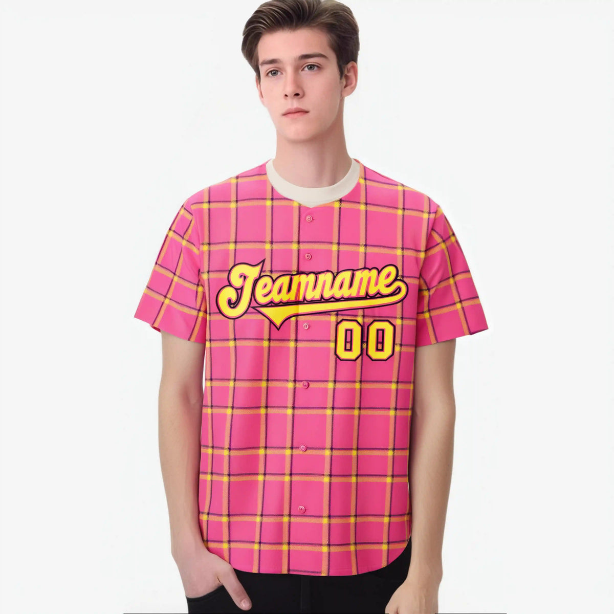 Custom Pink Gold Personalized Plaid Design Authentic Baseball Jersey