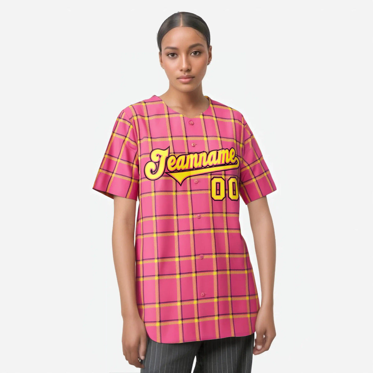 Custom Pink Gold Personalized Plaid Design Authentic Baseball Jersey