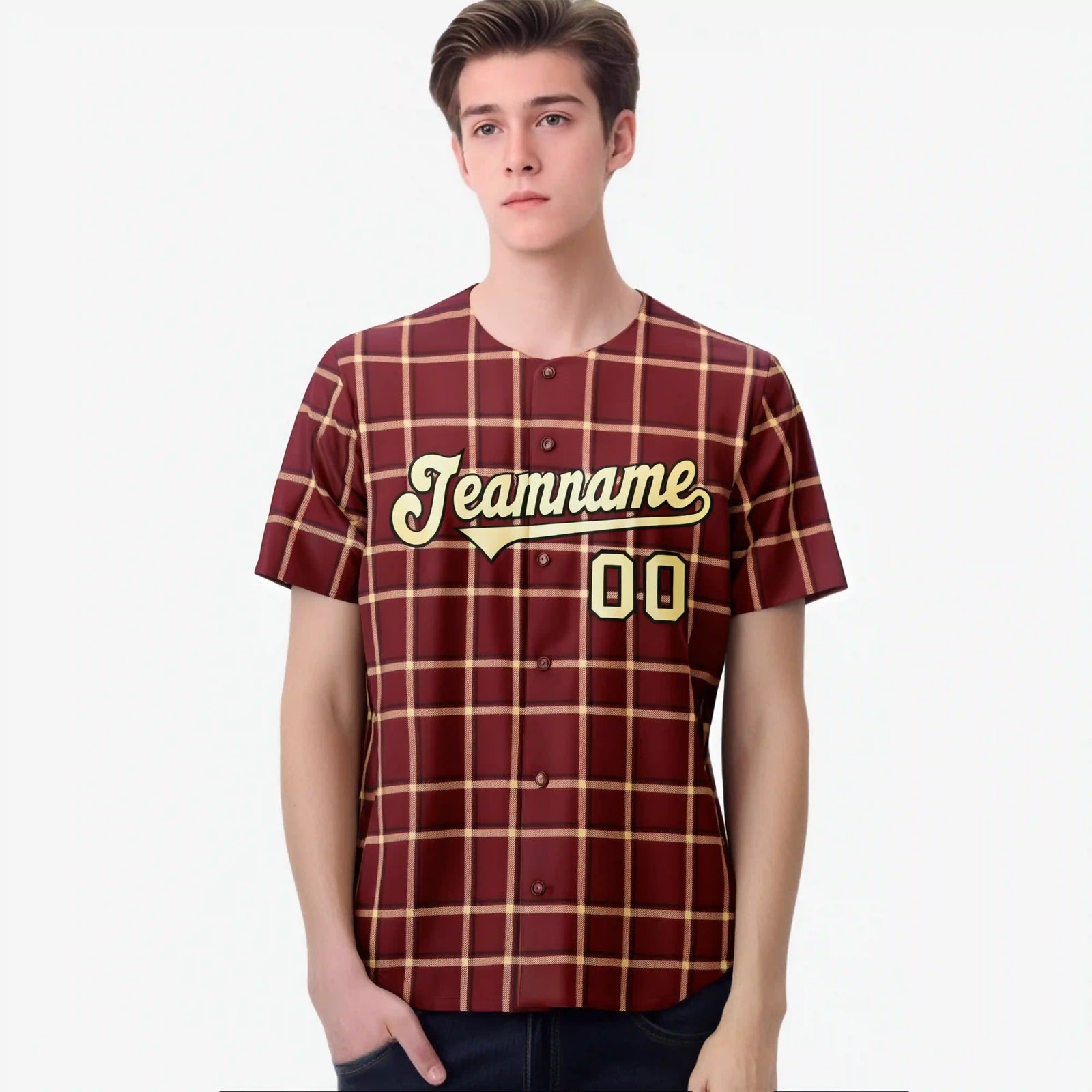 Custom Crimson Khaki Personalized Plaid Design Authentic Baseball Jersey