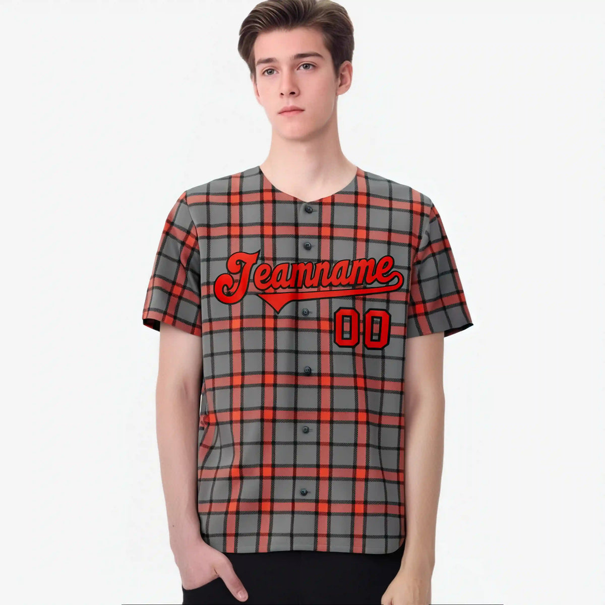 Custom Gray Red Personalized Plaid Design Authentic Baseball Jersey