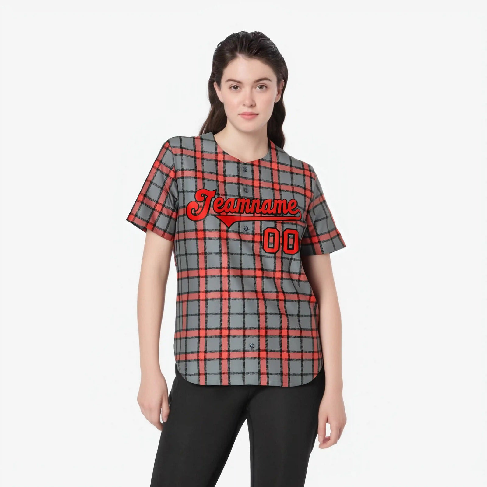 Custom Gray Red Personalized Plaid Design Authentic Baseball Jersey