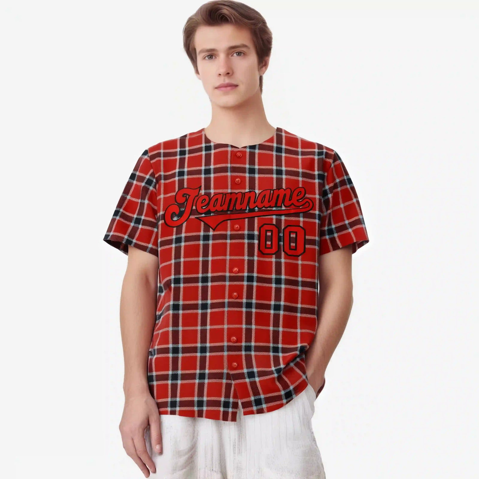 Custom Red Crimson Personalized Plaid Design Authentic Baseball Jersey