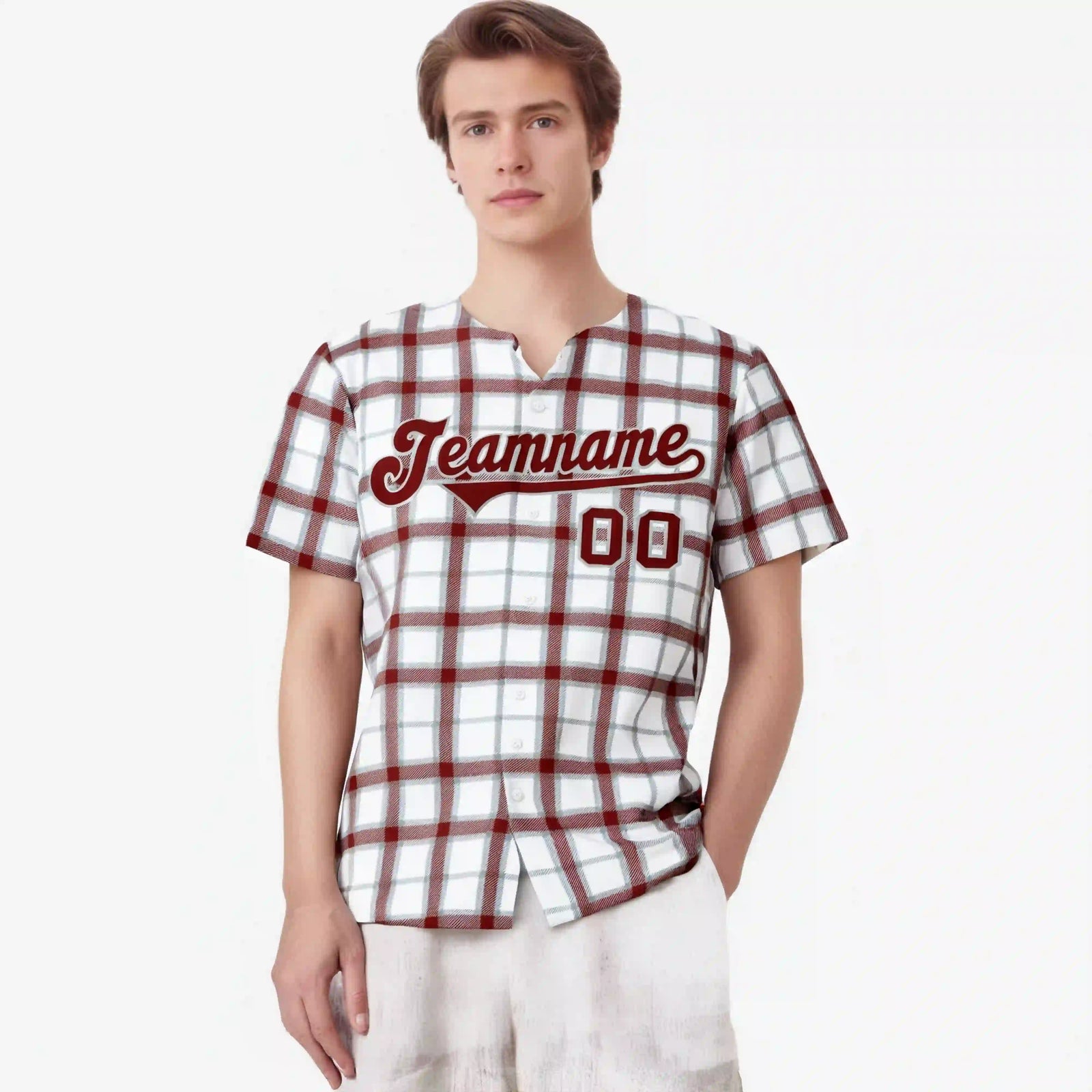 Custom White Crimson Personalized Plaid Design Authentic Baseball Jersey