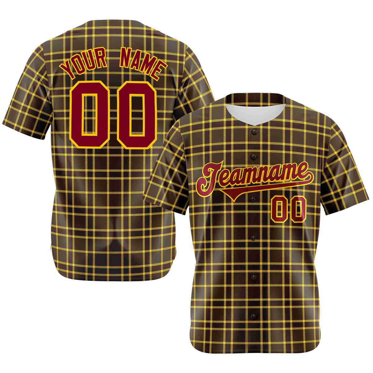 Custom Brown Gold Personalized Plaid Design Authentic Baseball Jersey